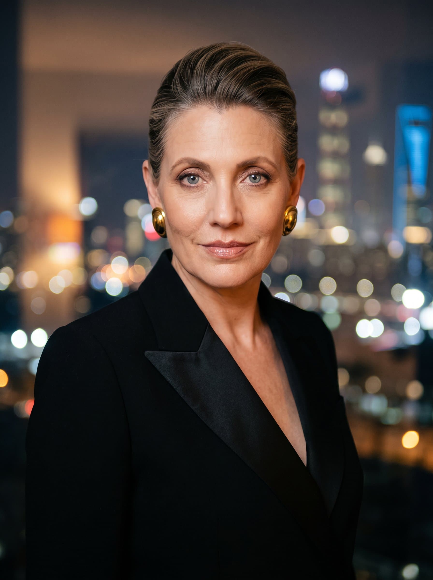 : Create a headshot featuring a soft-focus city nightscape. The woman wears a sleek evening blazer, projecting a sophisticated, cosmopolitan vibe, ideal for a professional presence in a global context.