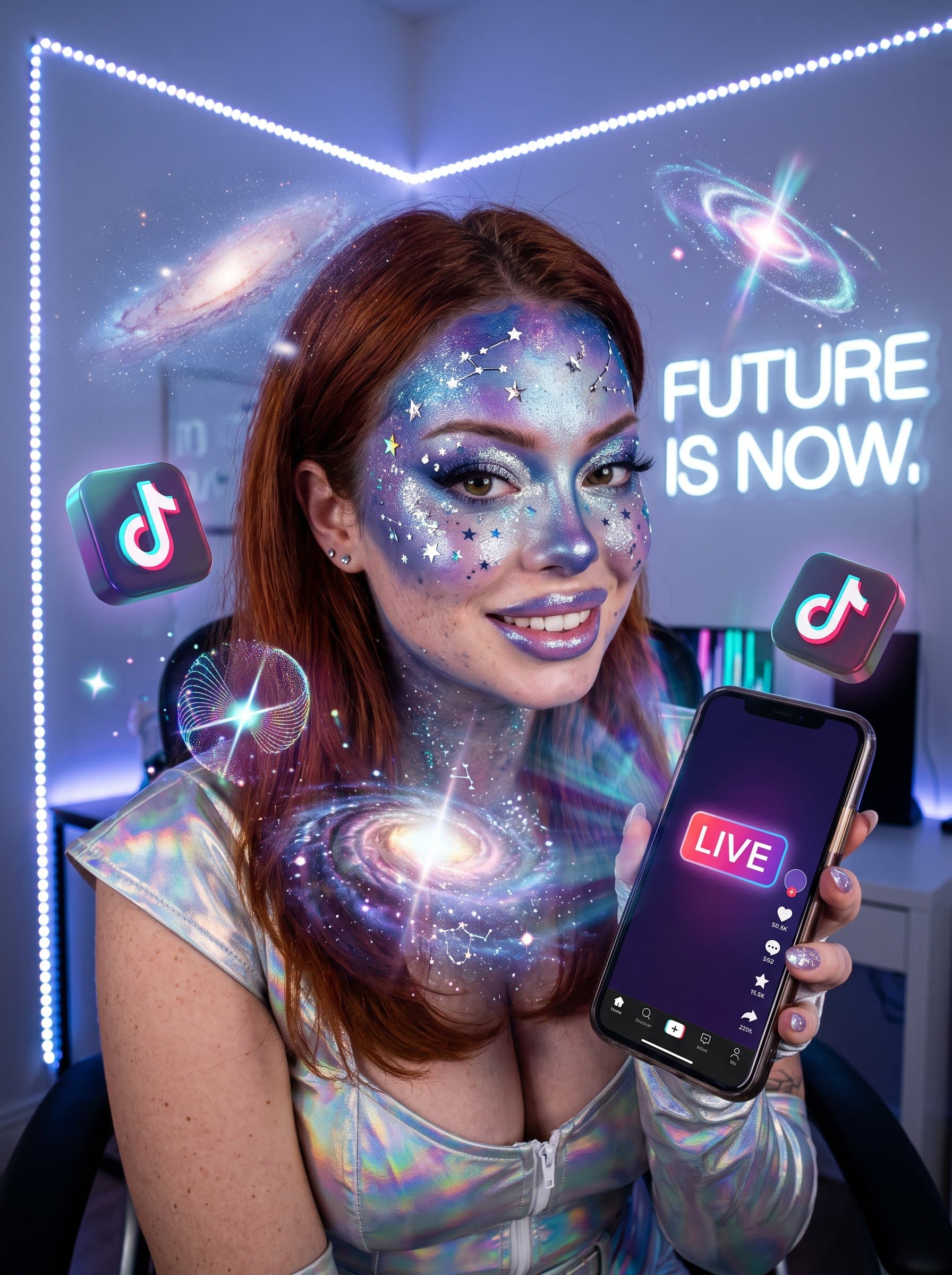 A image featuring a woman with a cosmic-themed makeup design, surrounded by floating holographic elements, embodying the otherworldly and innovative spirit of a TikTok visionary.