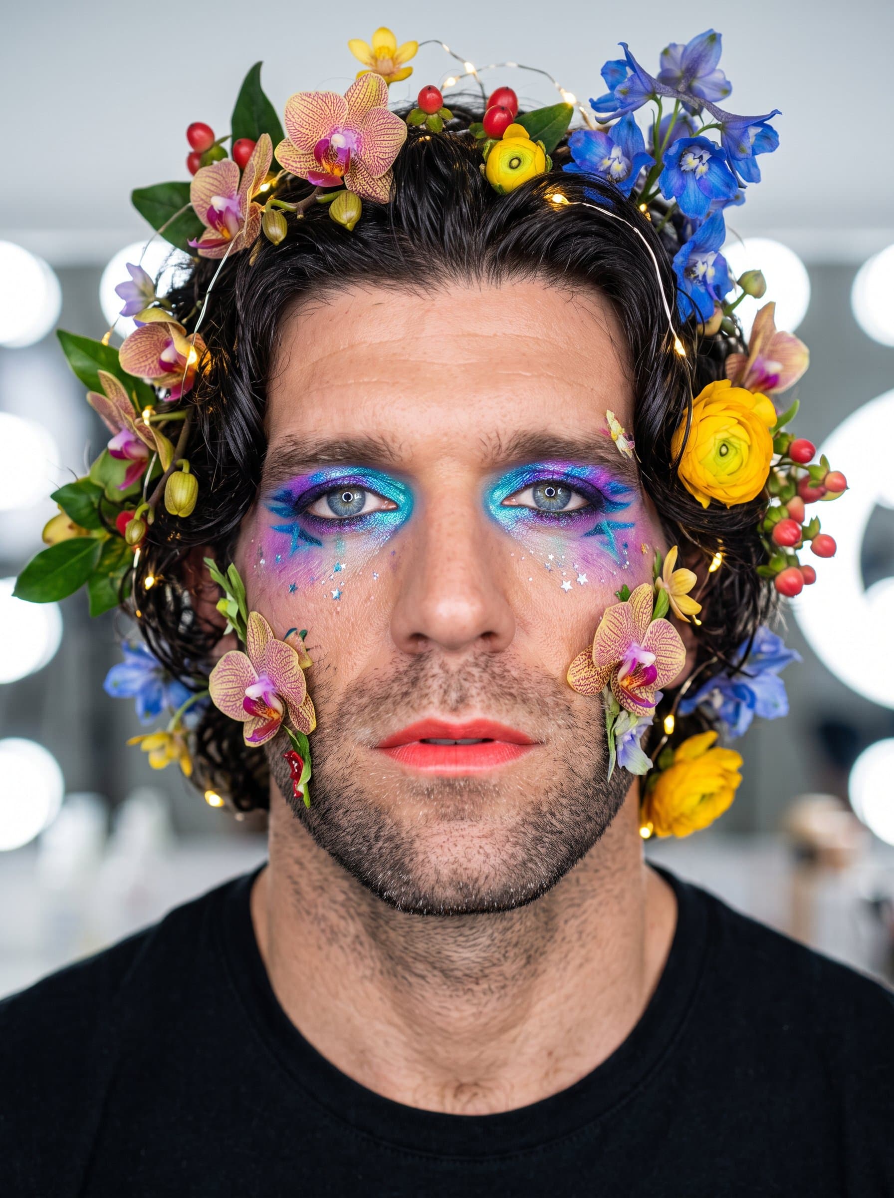 Photorealistic headshot featuring a man with fantastical floral arrangements entwined in their hair, combined with bright, vivid makeup to capture the enchanting and imaginative spirit of a TikTok trendsetter.