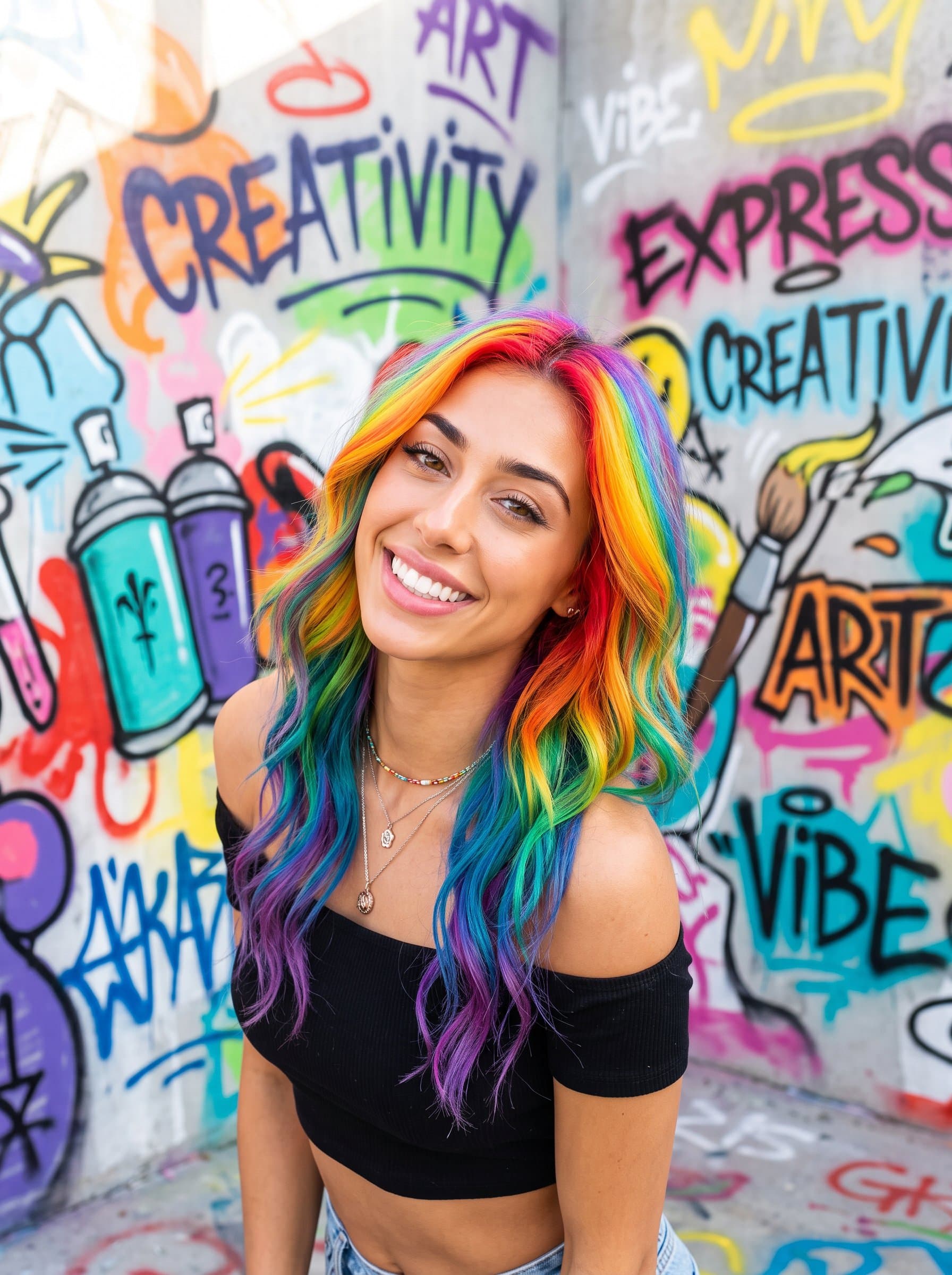 A headshot featuring a woman with vibrant rainbow-colored hair, set against a graffiti-style background symbolizing creativity and bold expression, capturing the vibrancy of a TikTok star's dynamic personality.