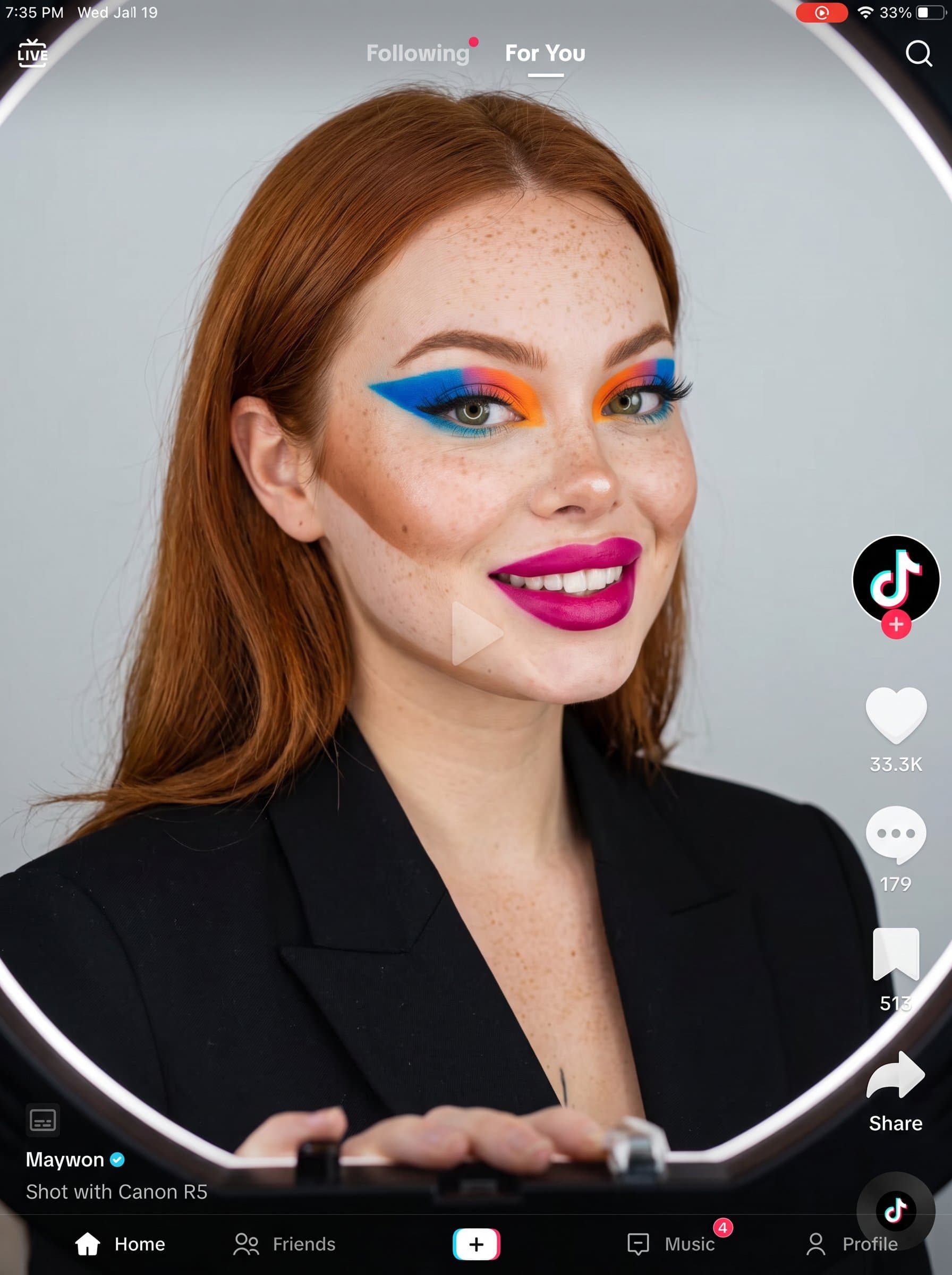 portrait of an woman with vibrant, color-blocked makeup, set against a minimalist, monochrome background, emphasizing their bold personality and presence as a TikTok influencer.