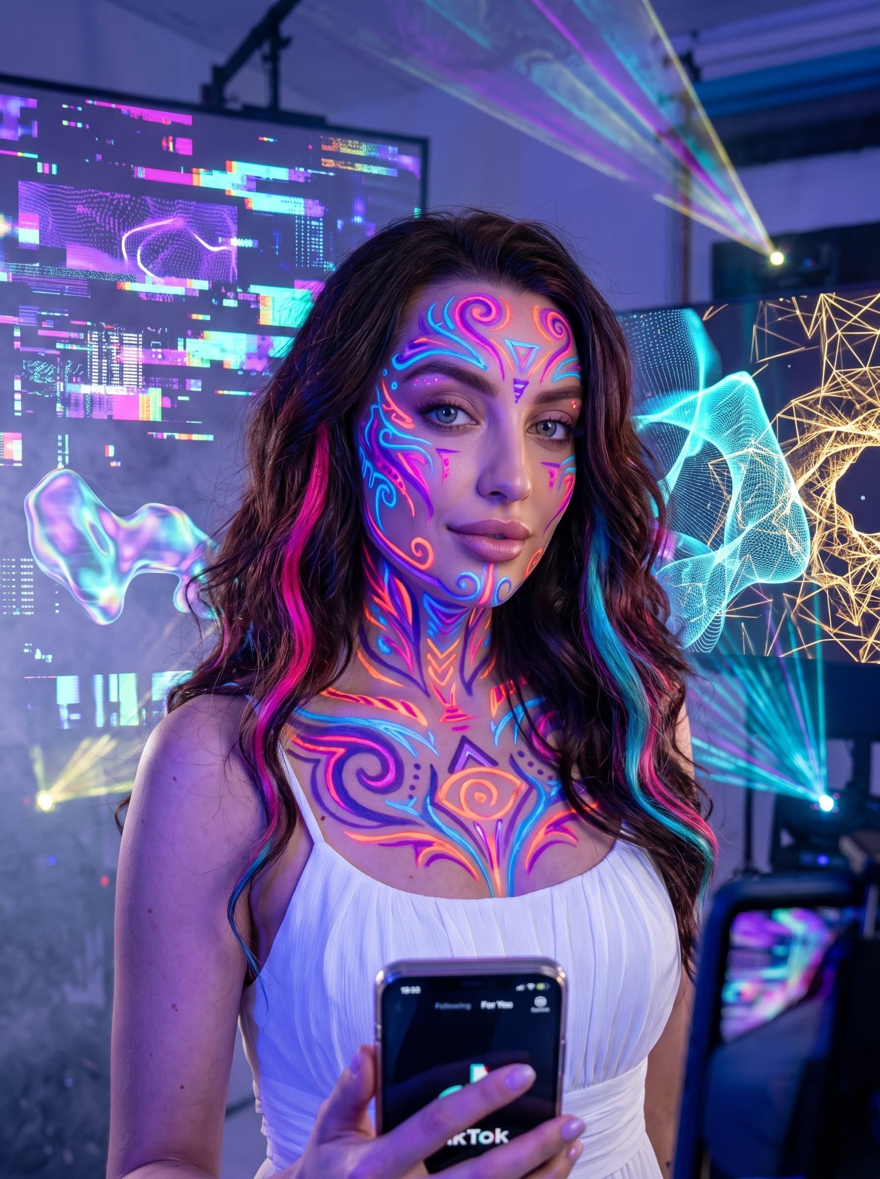 image showcasing a woman with neon face tattoos, surrounded by abstract digital art, symbolizing the fusion of digital creativity and bold self-expression, perfect for a TikTok influencer.