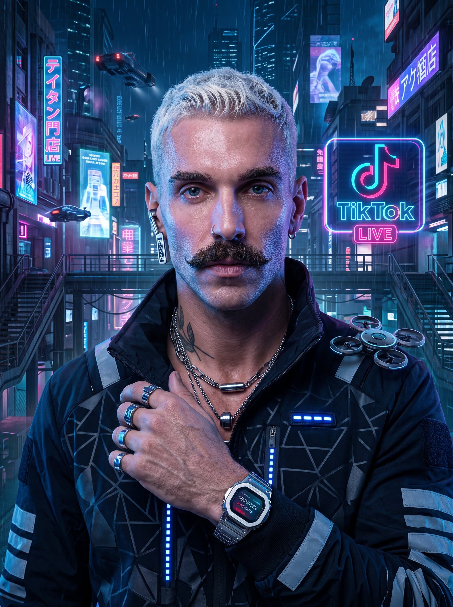 headshot with an man in a futuristic outfit, sporting metallic accessories, against a cyberpunk cityscape background, representing a modern and visionary TikTok creator.