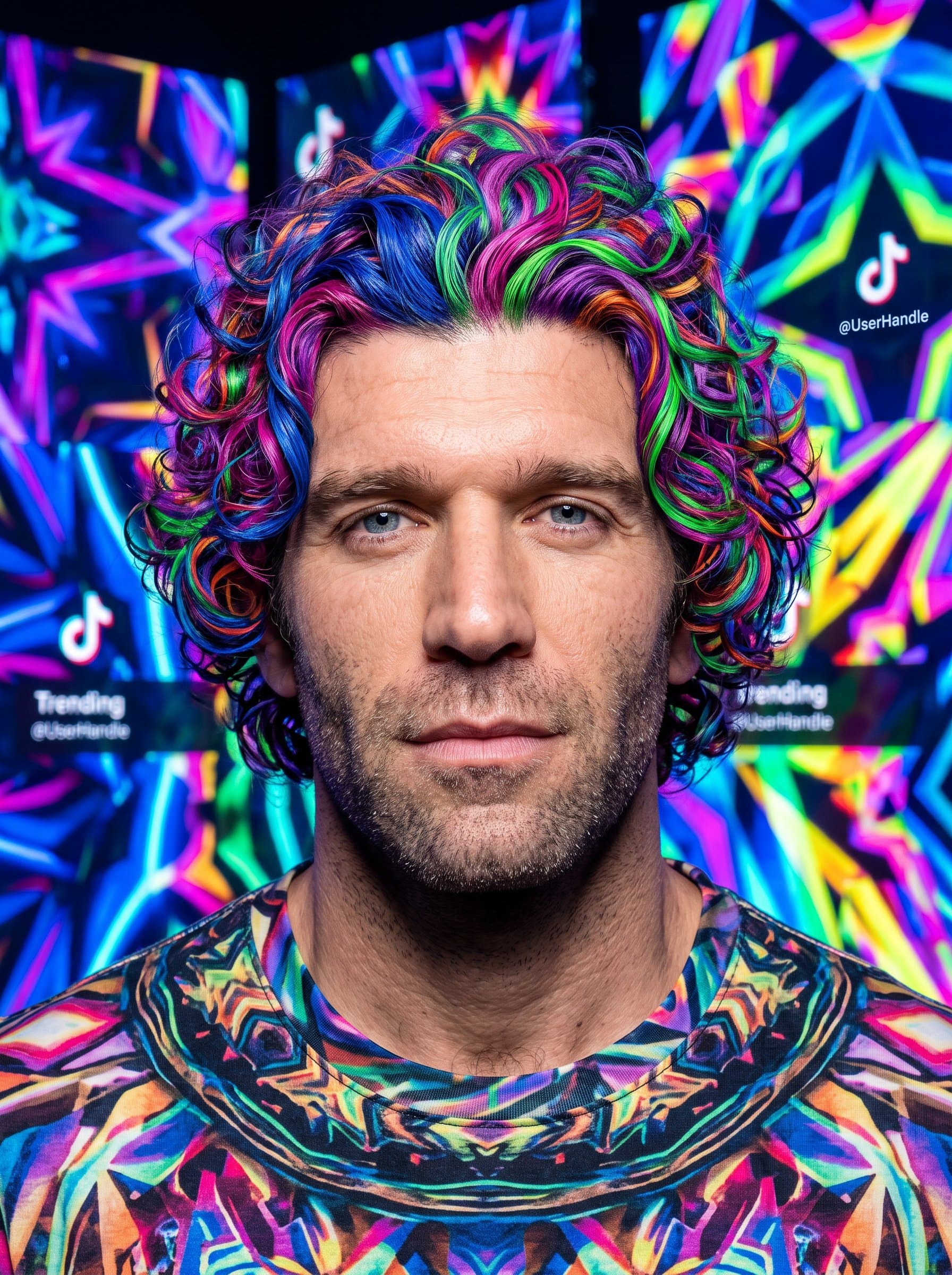 Photorealistic portrait of an man with a kaleidoscope of colors in their hair, set against a backdrop of abstract, vibrant patterns, reflecting their dynamic and trendsetting personality on TikTok.