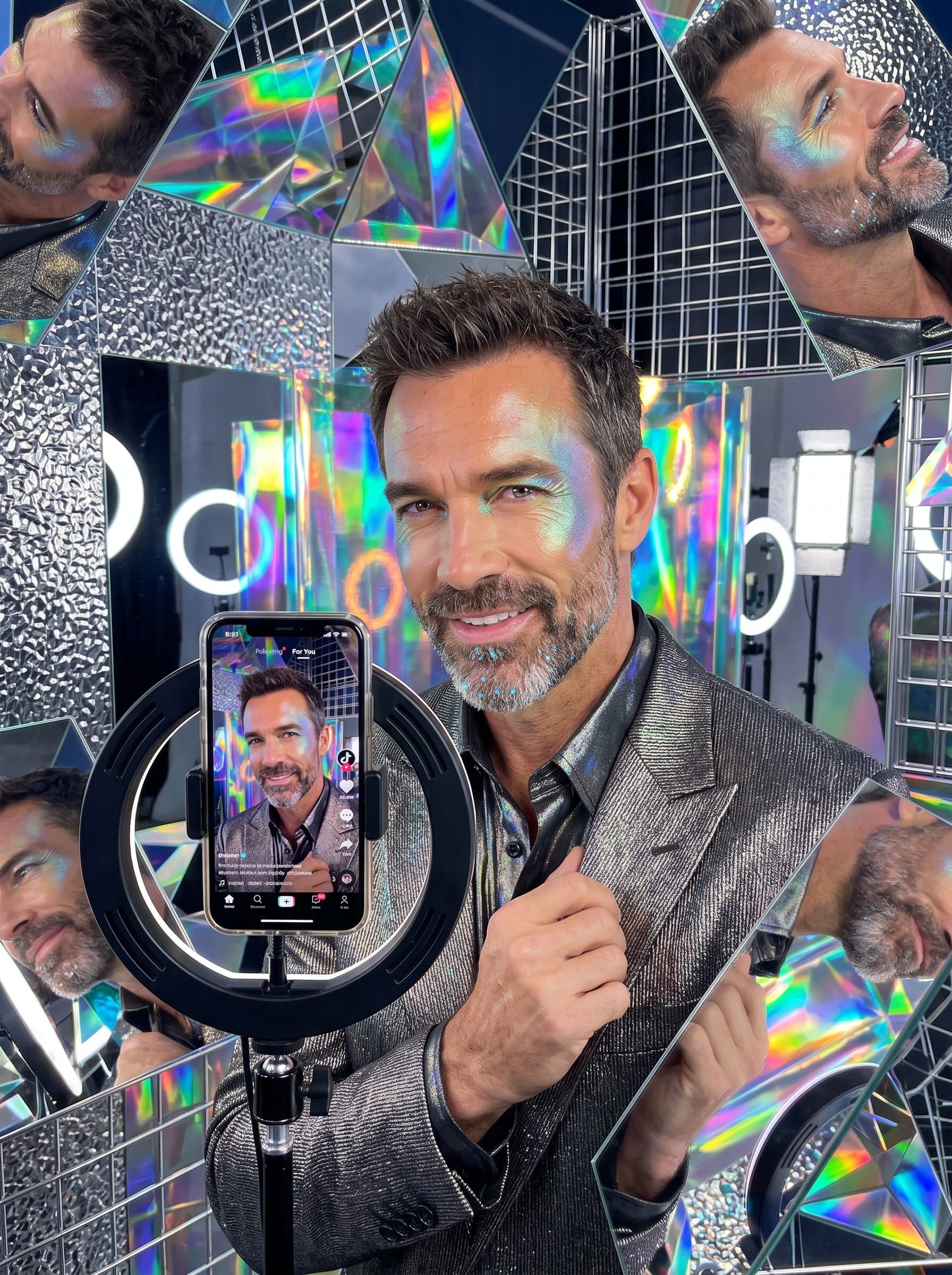 Create a portrait featuring an man with iridescent makeup and reflective surfaces all around, highlighting their luminous and captivating presence as a TikTok influencer.