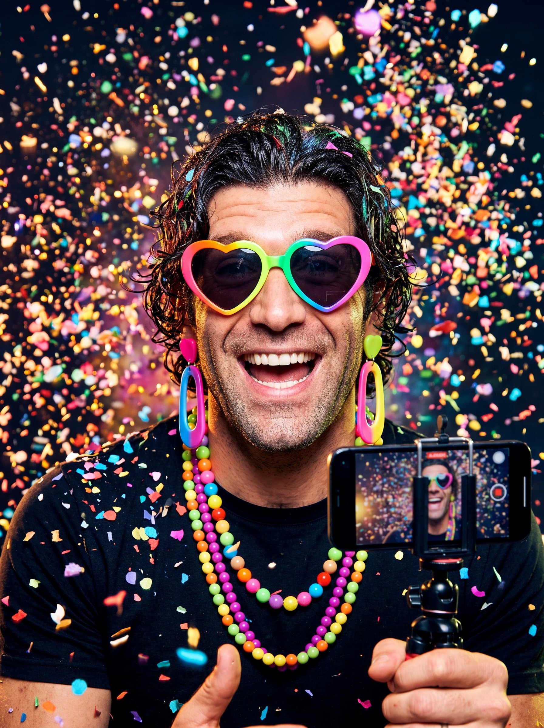 Create a headshot showing someone wearing oversized, colorful accessories, with a backdrop of swirling confetti, capturing the fun, energetic vibe of a TikTok creator's lively persona.