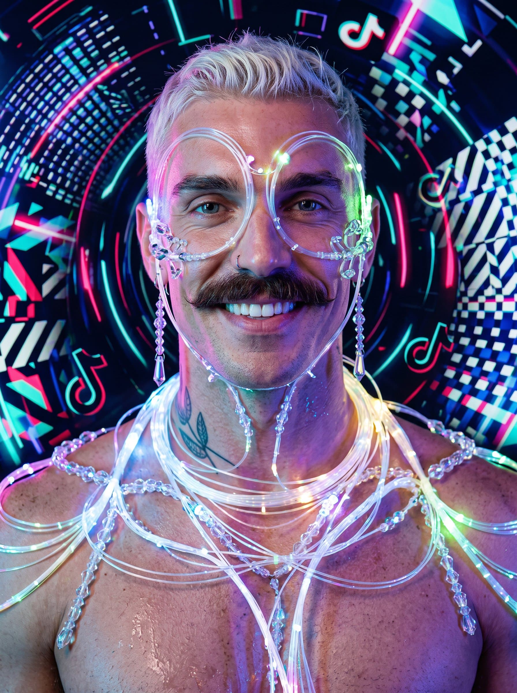 headshot of a man with intricate, luminous body jewelry, surrounded by digital, kaleidoscopic visuals, reflecting their innovative and captivating presence within the TikTok community.