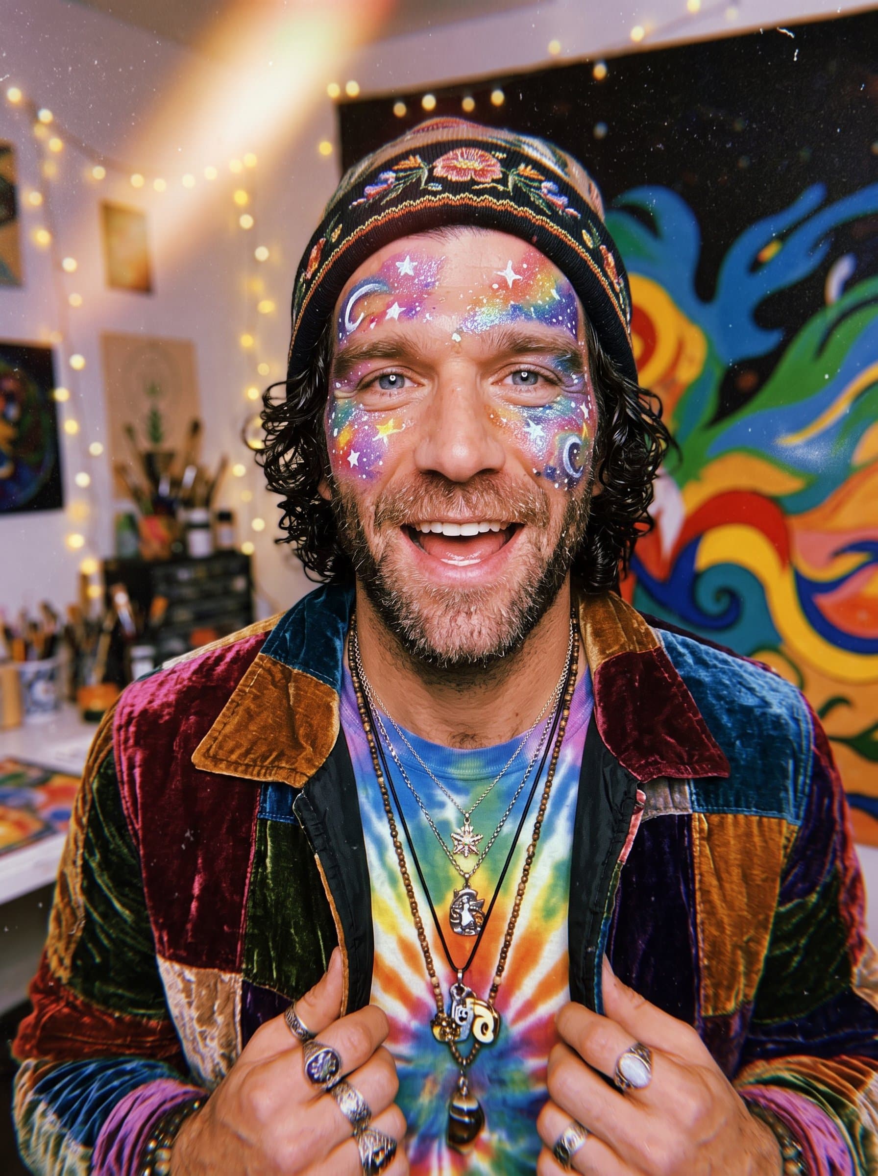 Photorealistic portrait of an man with glittery face paint, emphasizing a whimsical nature, dressed in eclectic fashion, reflecting the playful and expressive style that resonates with TikTok audiences.