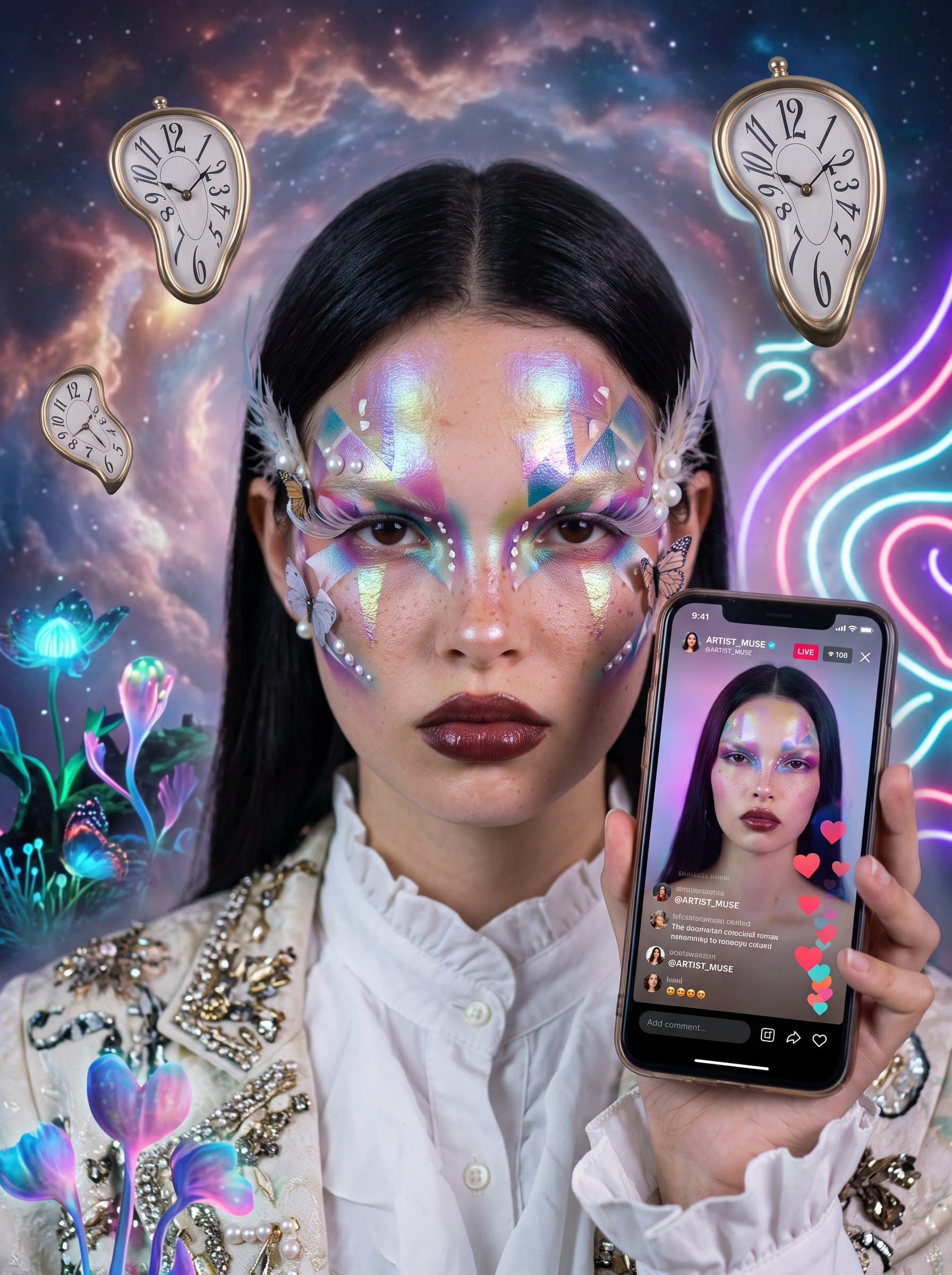 Create a image of an woman with bold, artistic face designs, and a surreal, dreamlike backdrop, capturing their imaginative and avant-garde style as a TikTok influencer.