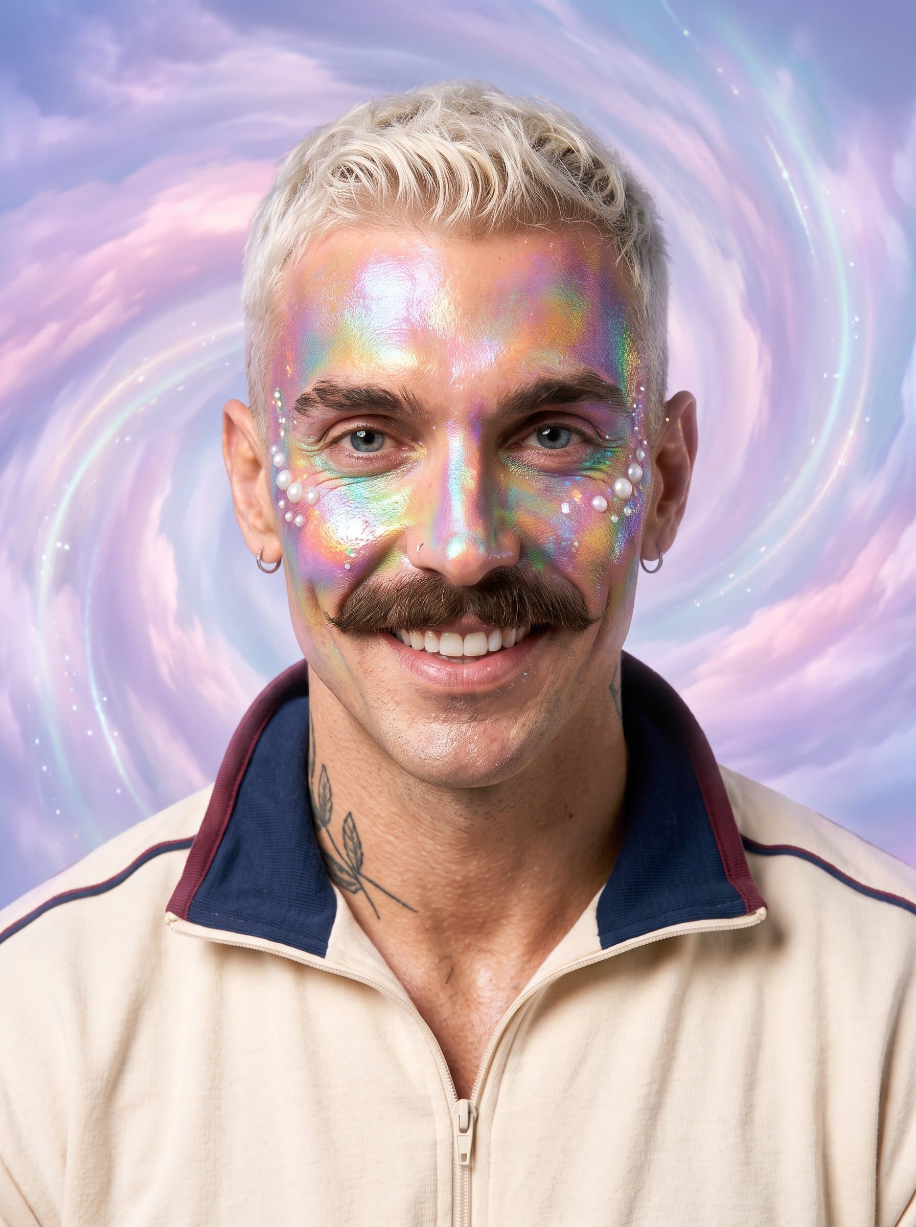 Capture the essence of a TikTok creator through a headshot featuring an man with holographic makeup, set against a backdrop of swirling pastel clouds, depicting a dreamlike and magical aura.