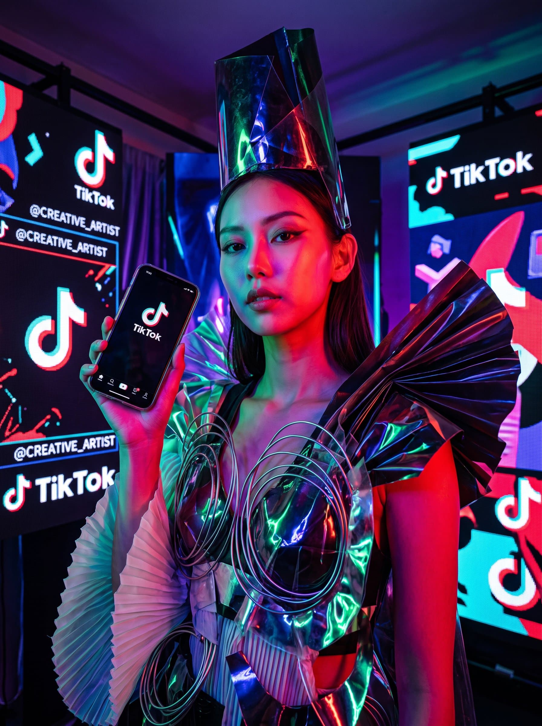 Create a portrait of someone in avant-garde attire, illuminated by bold, colorful lighting, exemplifying their unique and artistic approach to content creation on TikTok.