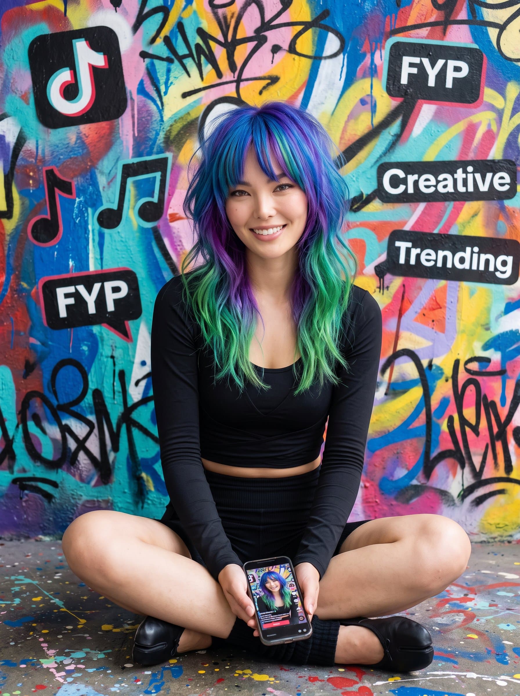 image of a woman with artistically styled hair in bold, gradient colors, set against a textured, colorful mural, signifying their creative and expressive role on TikTok.