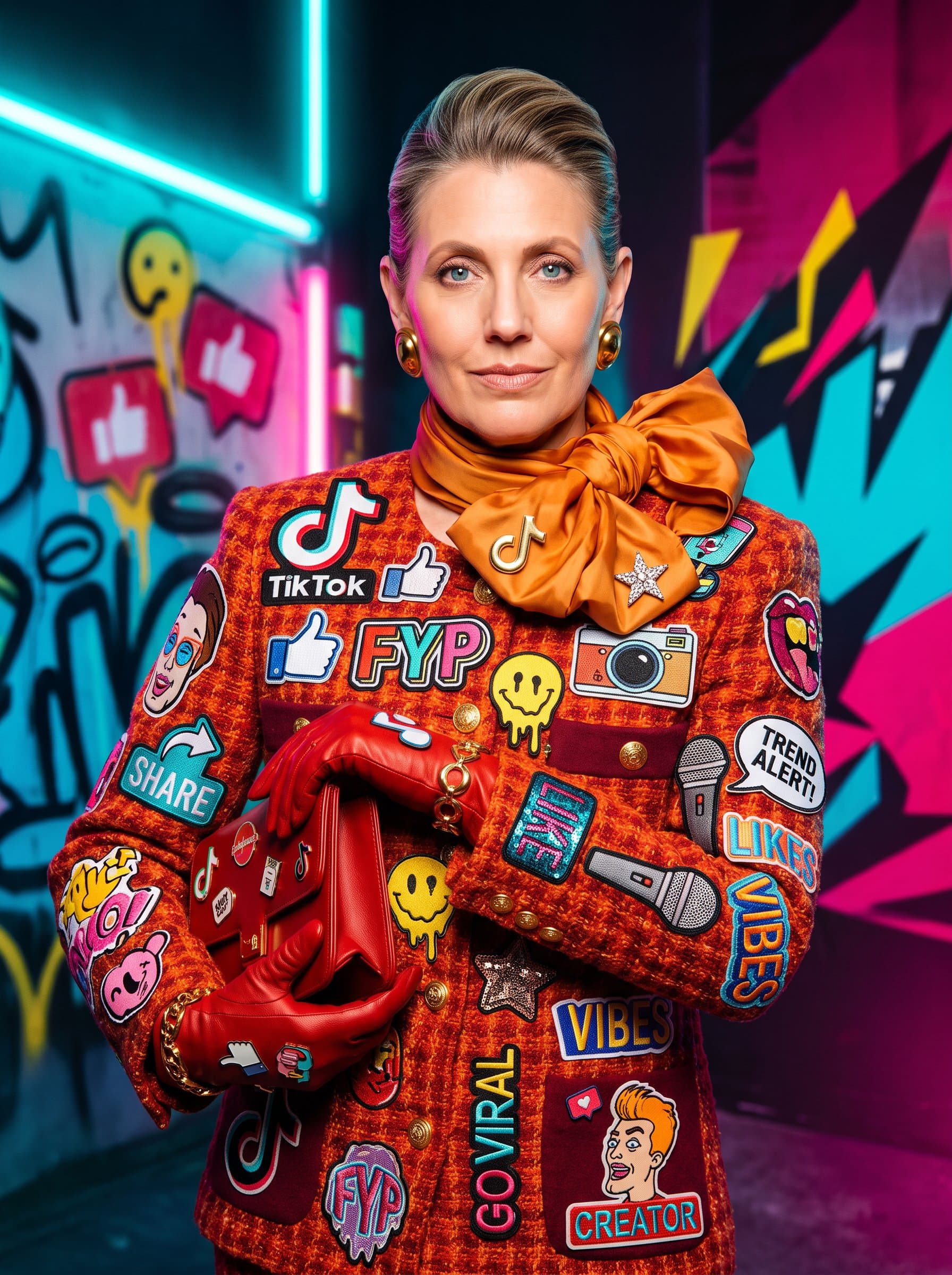 Photorealistic portrait of someone with a collage of vibrant patches on their attire, against a striking, high-contrast background, showcasing their unique and bold approach to TikTok content.