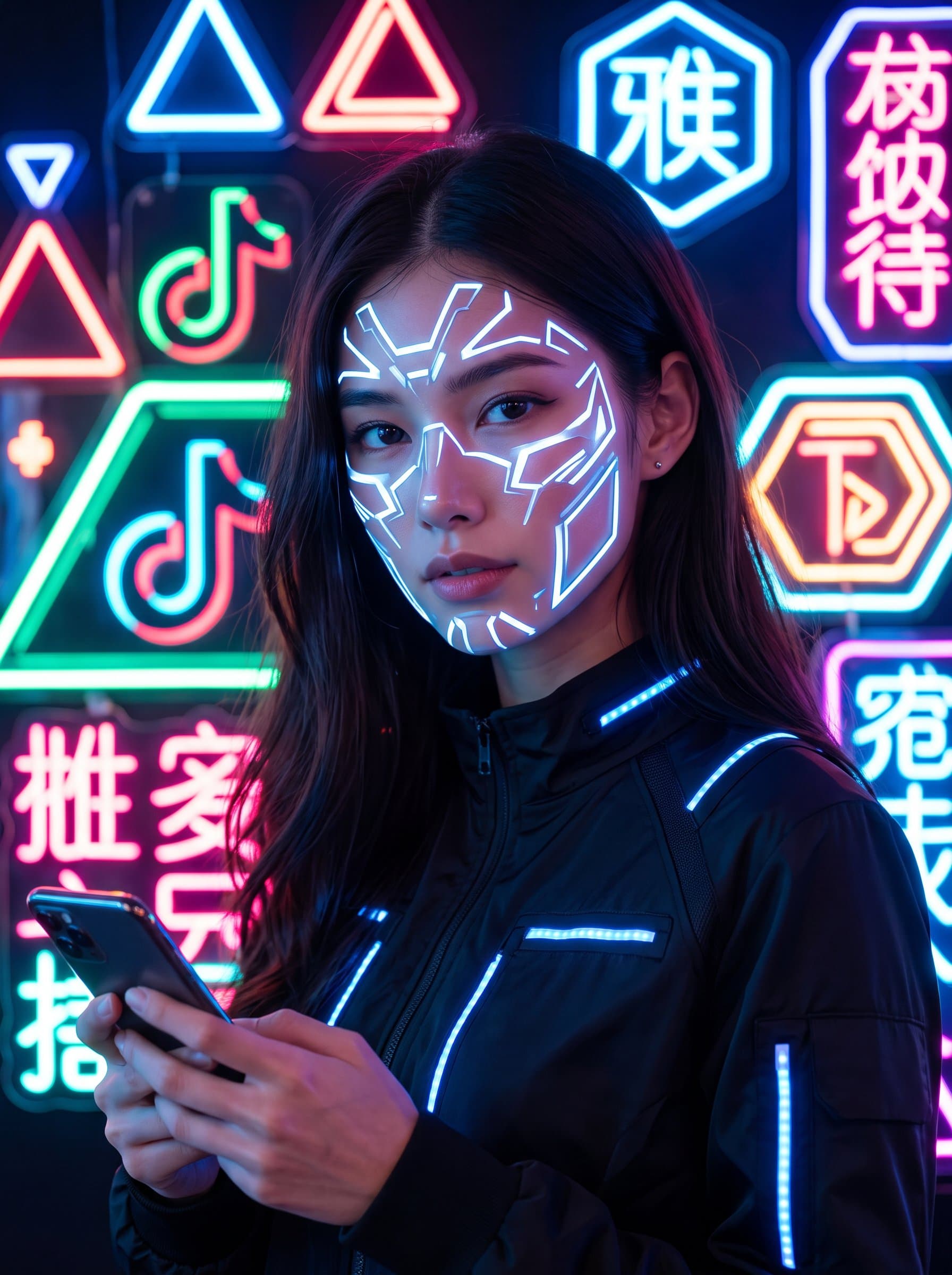 A image of a woman with striking geometric facial designs, set against a backdrop of neon lights, symbolizing innovation and a cutting-edge presence on TikTok.