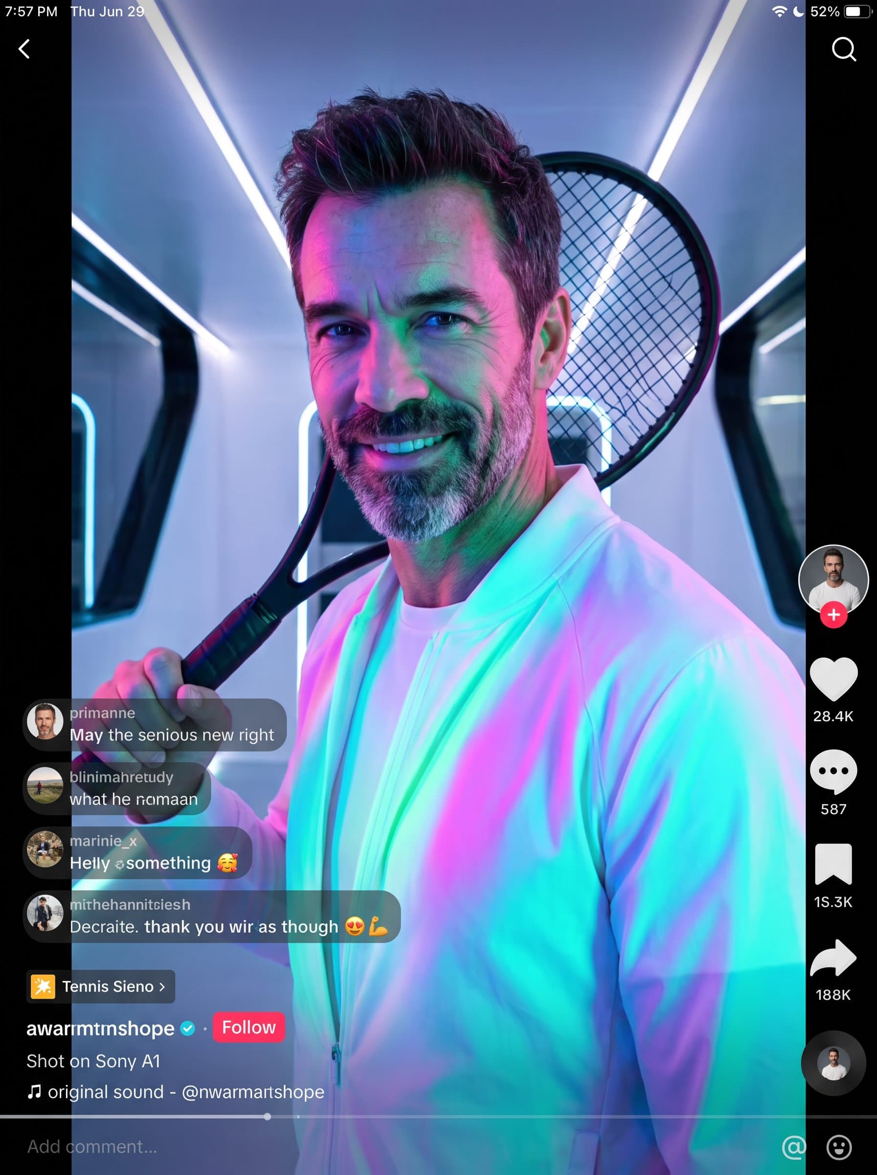 A portrait of someone with vibrant, ethereal lighting casting colorful shadows, set against a clean, modern background, emphasizing their stylish and futuristic presence on TikTok.