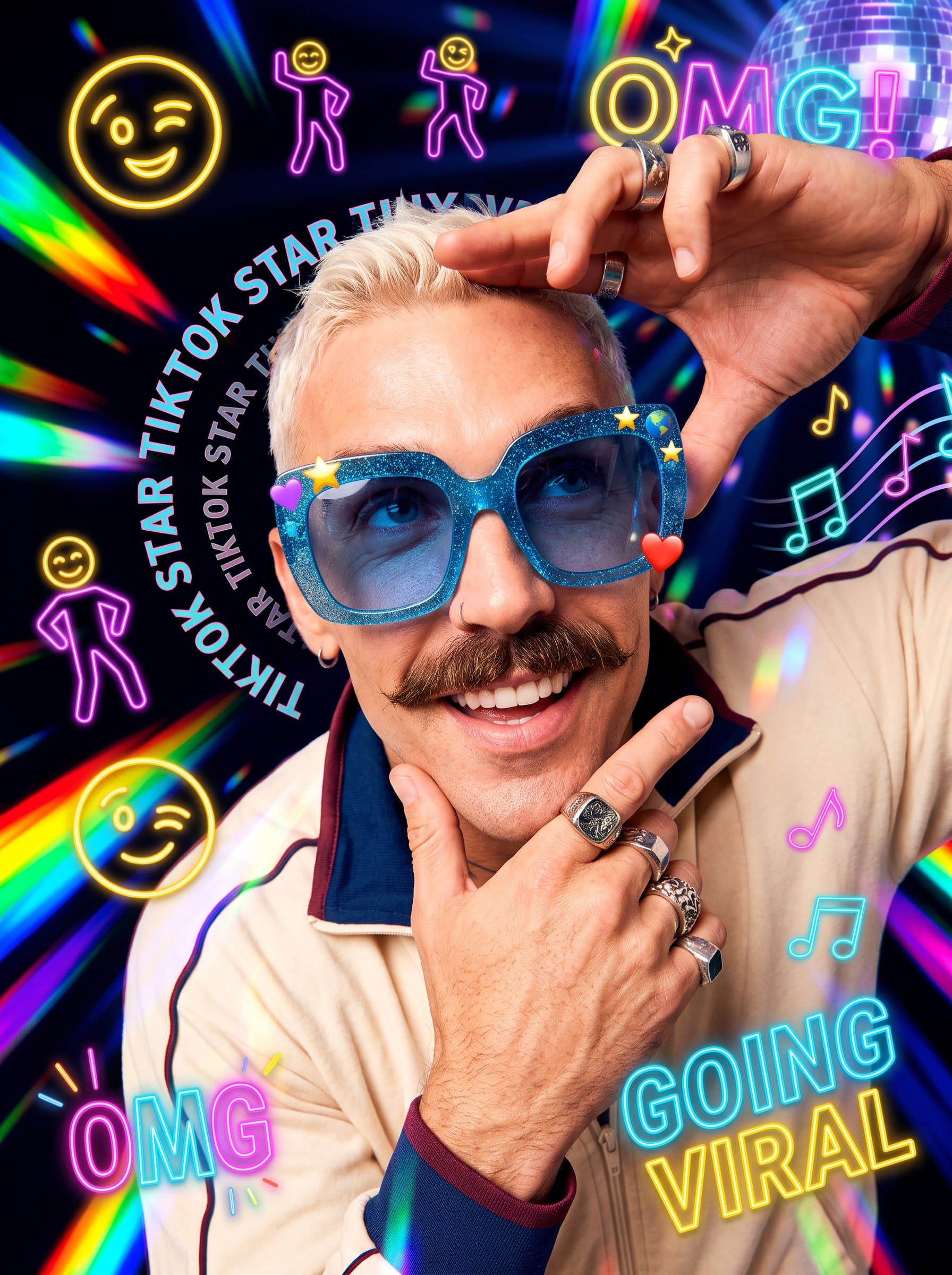 A headshot featuring an man adorned with whimsical, oversized sunglasses and dynamic, animated backgrounds, embodying the quirky and playful essence of a TikTok star.