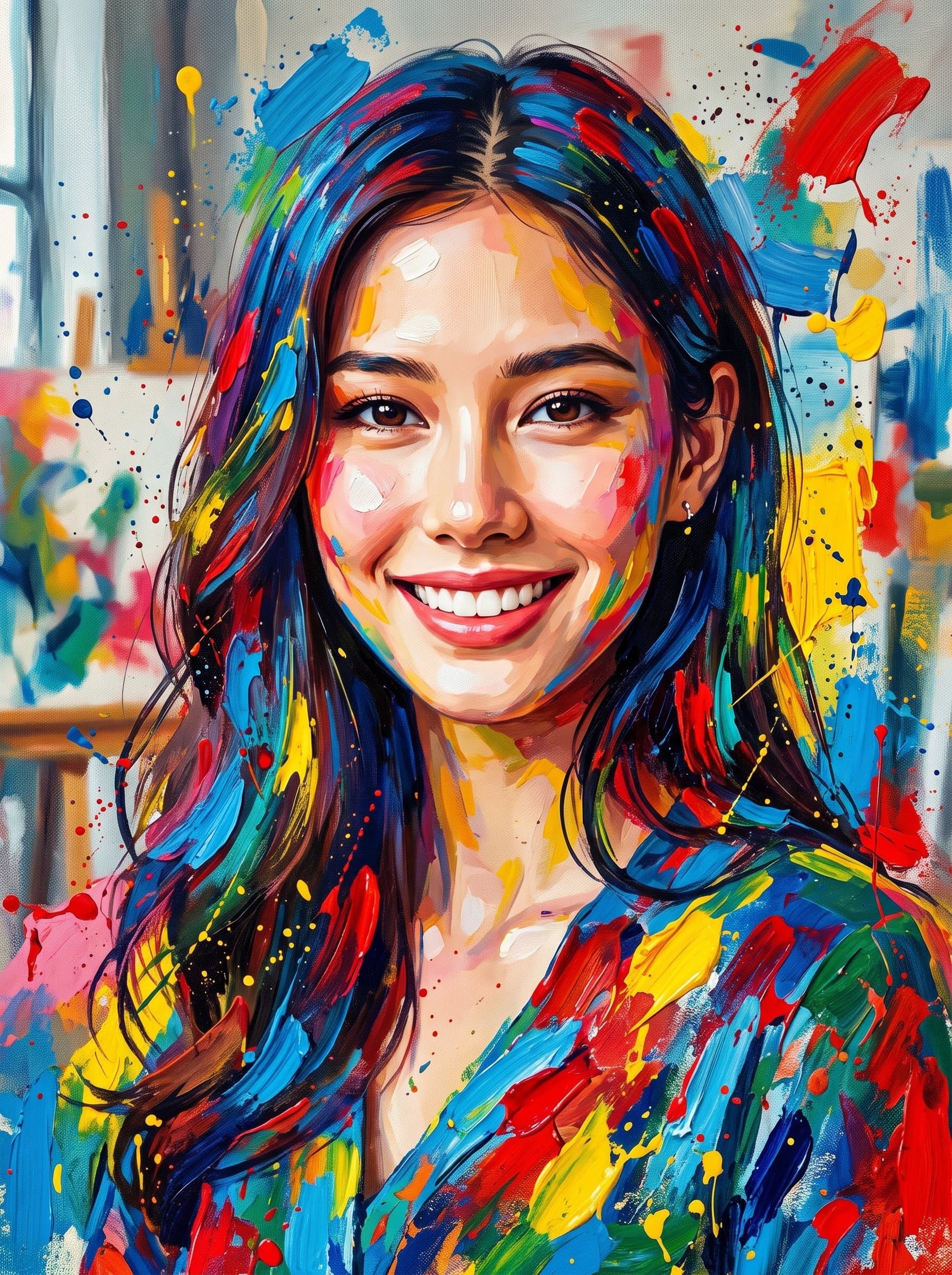 Artistic headshot with bold brush strokes and vibrant colors, capturing a dynamic and creative personality. Suitable for a YouTube channel focused on art and design insights.