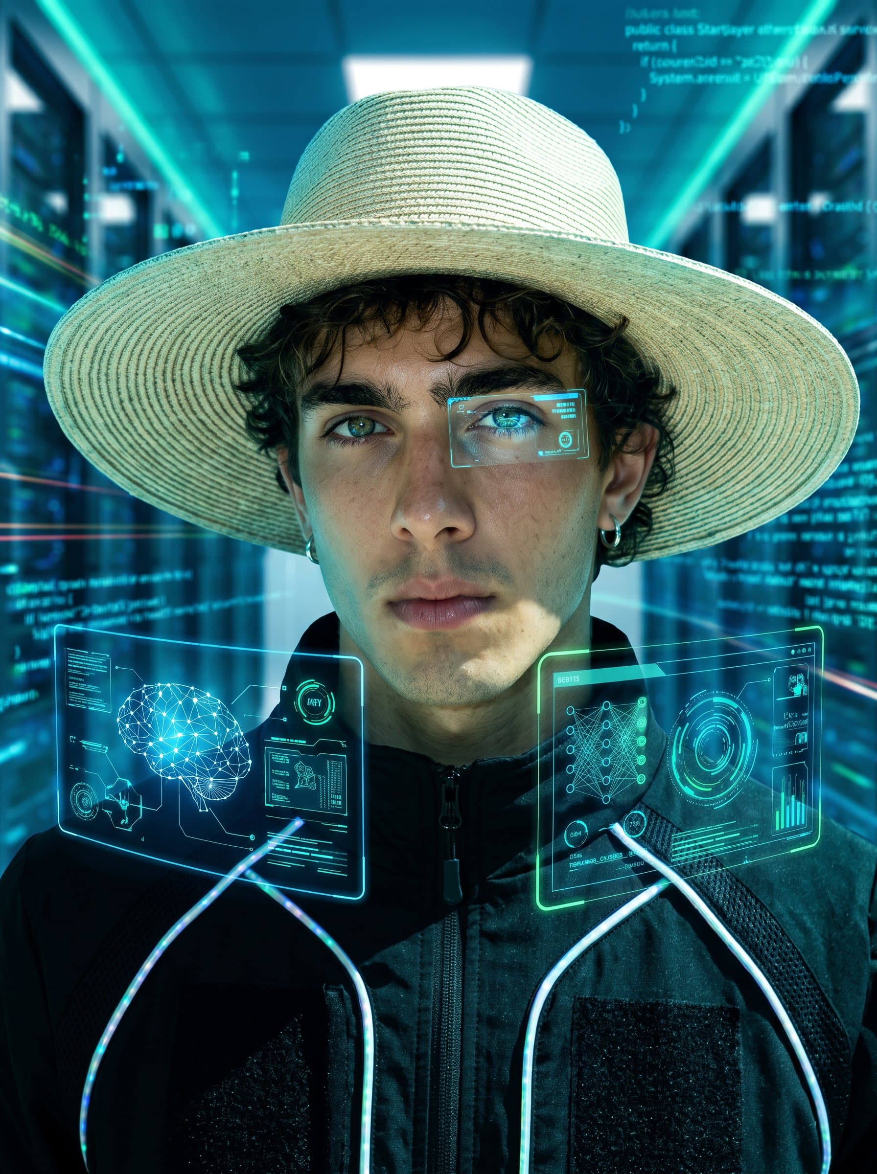 High-tech headshot featuring holographic overlays and digital effects, creating a futuristic and innovative appearance. Ideal for a channel about cutting-edge technology and AI.