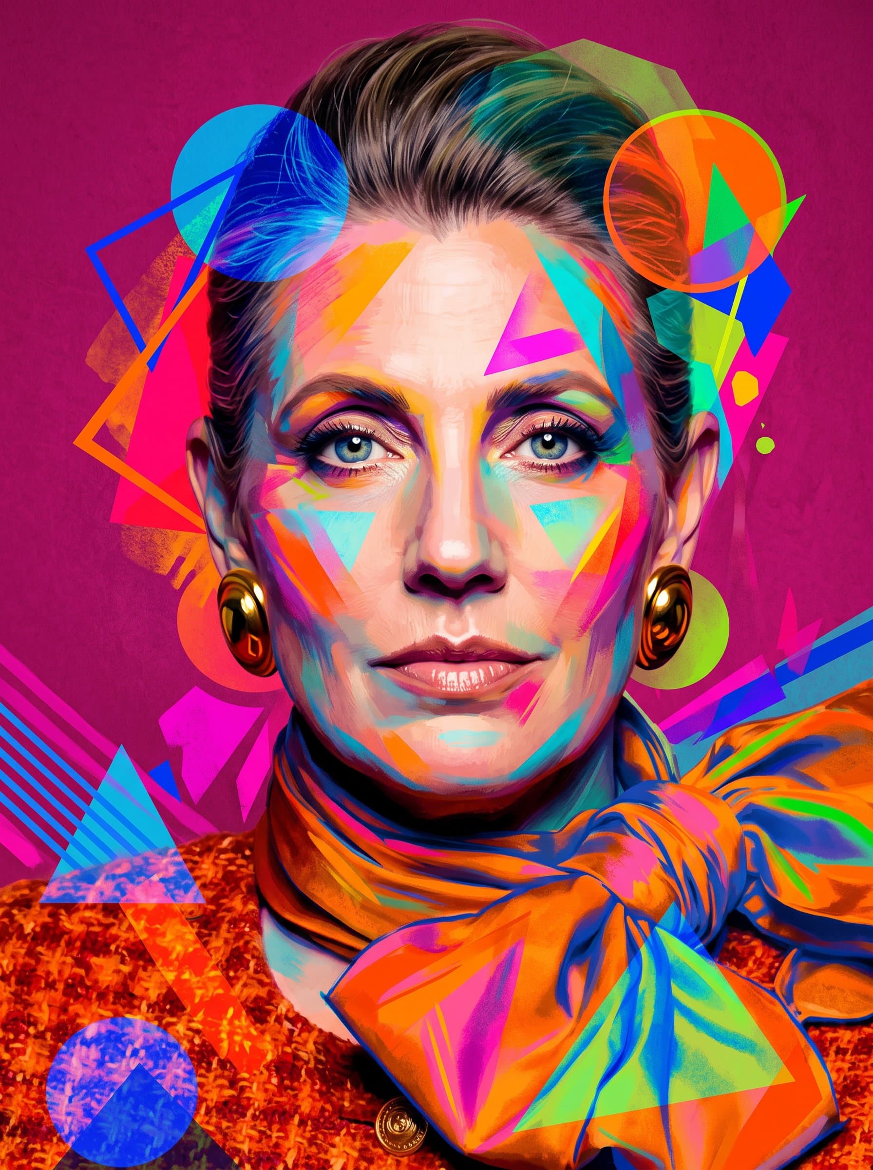 Artistic headshot with abstract elements blending geometric shapes and vivid colors, reflecting a unique and creative persona. Great for an art tutorial or creative process channel.