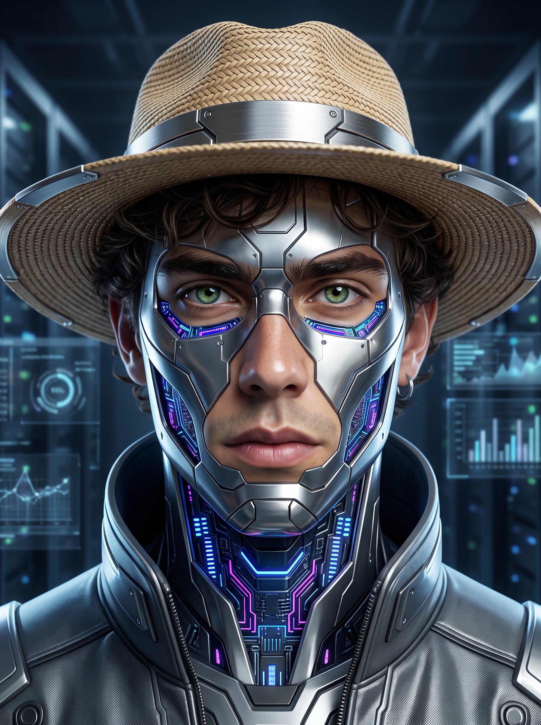 High-tech headshot in AI-generated style, showcasing a sleek cybernetic design with metallic accents, emphasizing futuristic themes. Perfect for a tech-review YouTube channel profile picture.
