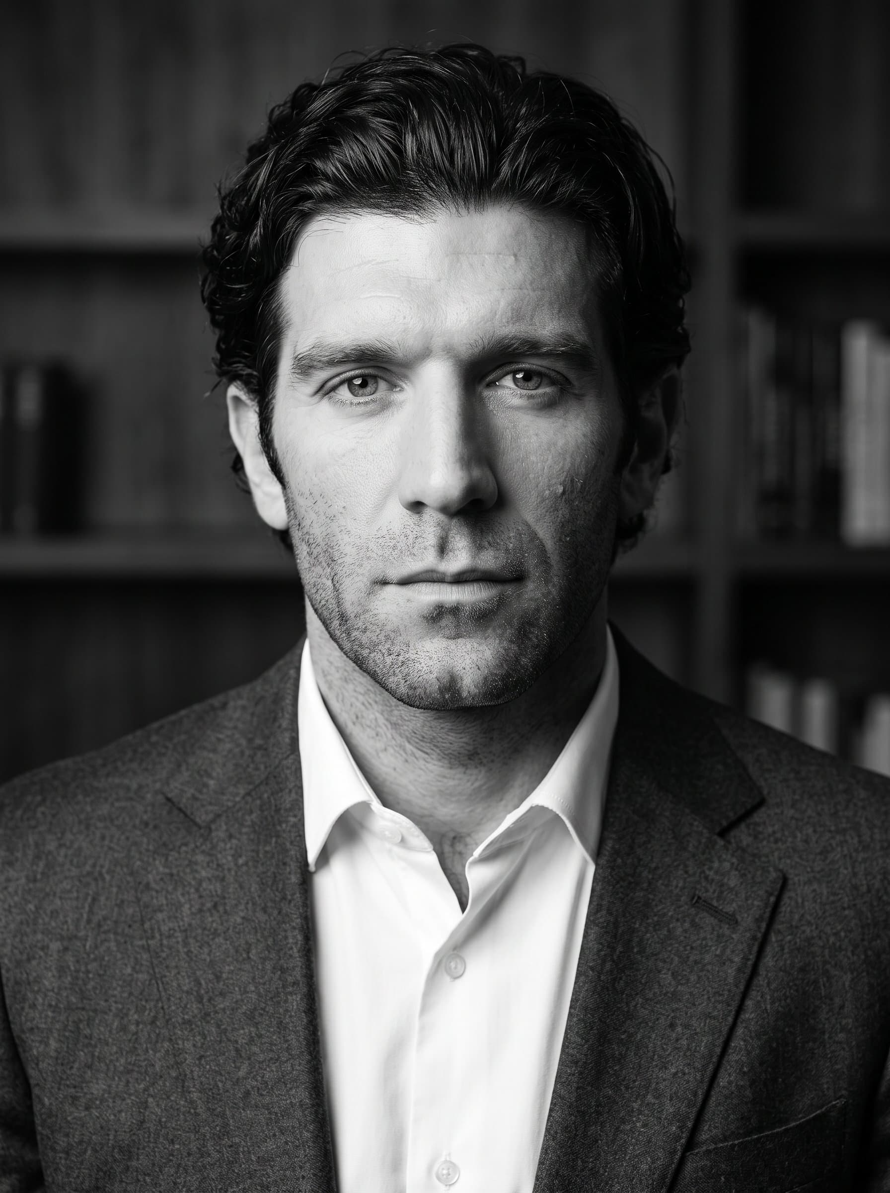 Classic headshot in monochrome with subtle lighting to convey sophistication and gravitas, ideal for a business or finance-focused YouTube channel.