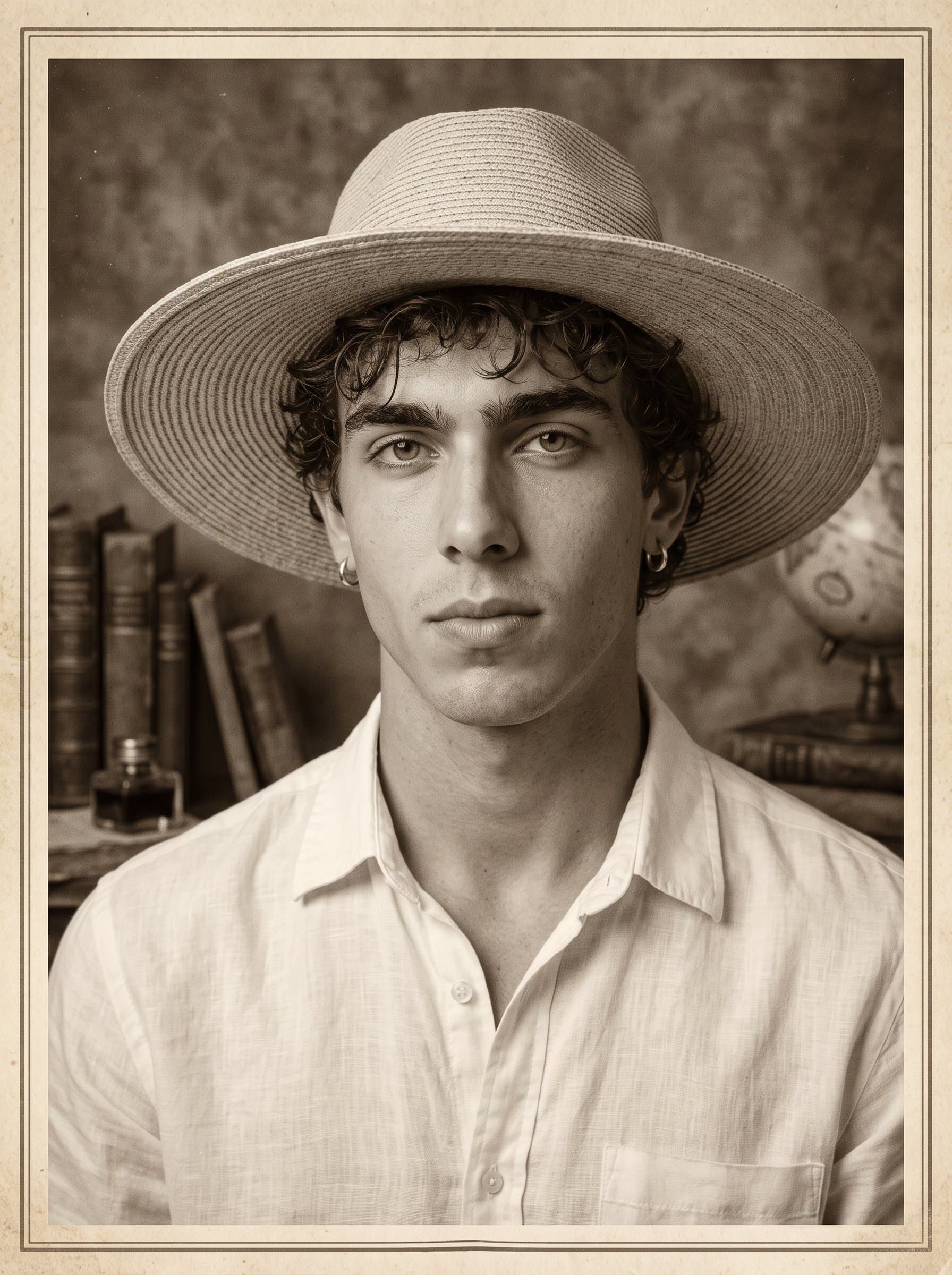 Classic headshot with a vintage sepia tone, evoking a sense of nostalgia and timeless elegance. Perfect for a history or storytelling-themed YouTube channel.