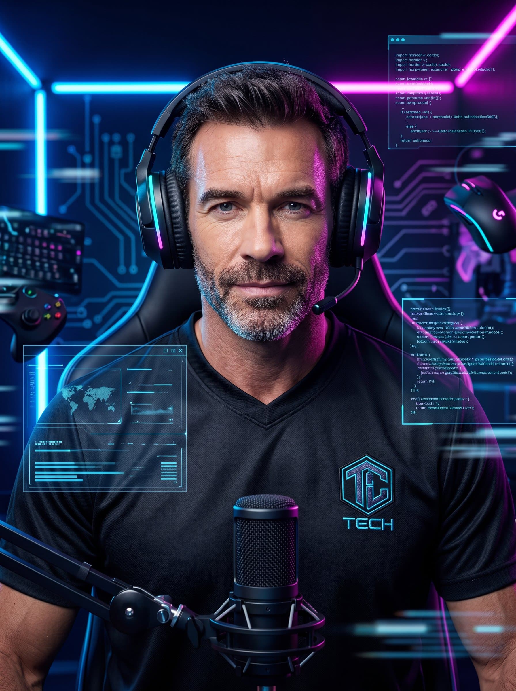 High-tech headshot with neon lighting and digital patterns, emphasizing a modern, tech-savvy image. Ideal for gaming or tech review YouTube channels.