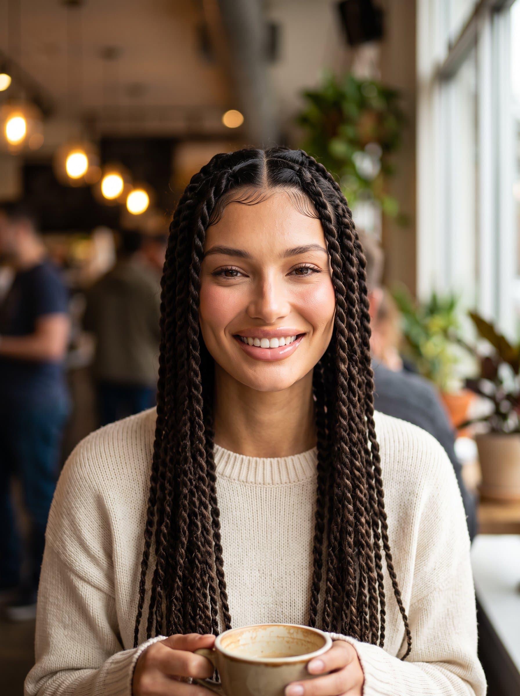 Casual headshot with a warm, inviting expression and a blurred coffee shop setting, perfect for personal development or lifestyle-focused YouTube channels.