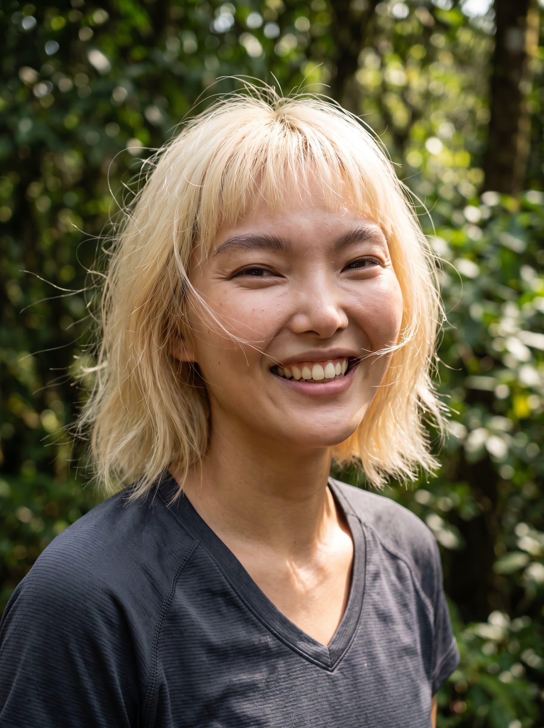 Casual headshot with natural outdoor lighting and a candid smile, set against a backdrop of green foliage. Perfect for YouTube channels focusing on nature or travel vlogs.