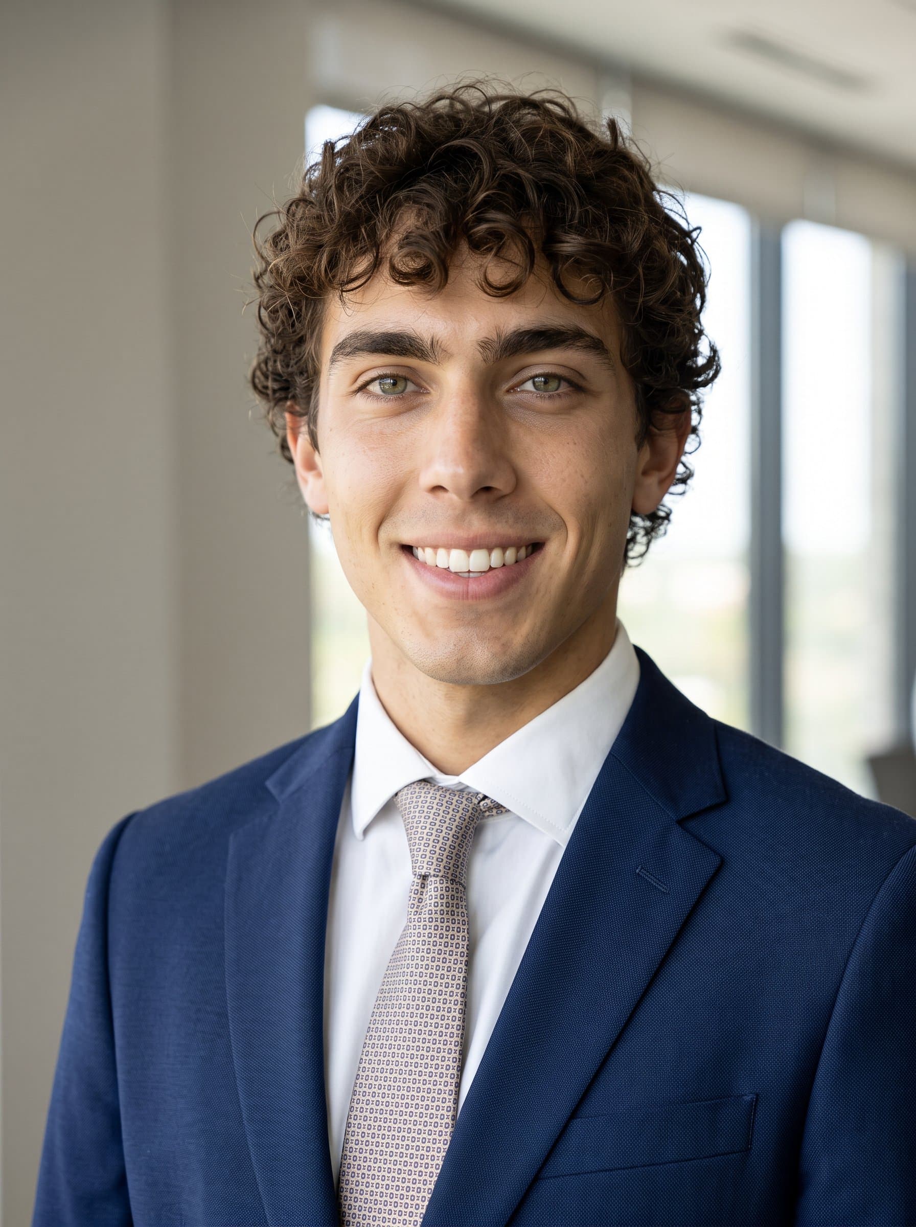 Create an impressive headshot with a modern executive style. Ensure natural lighting and a neutral background to enhance professionalism for use in Microsoft Teams.