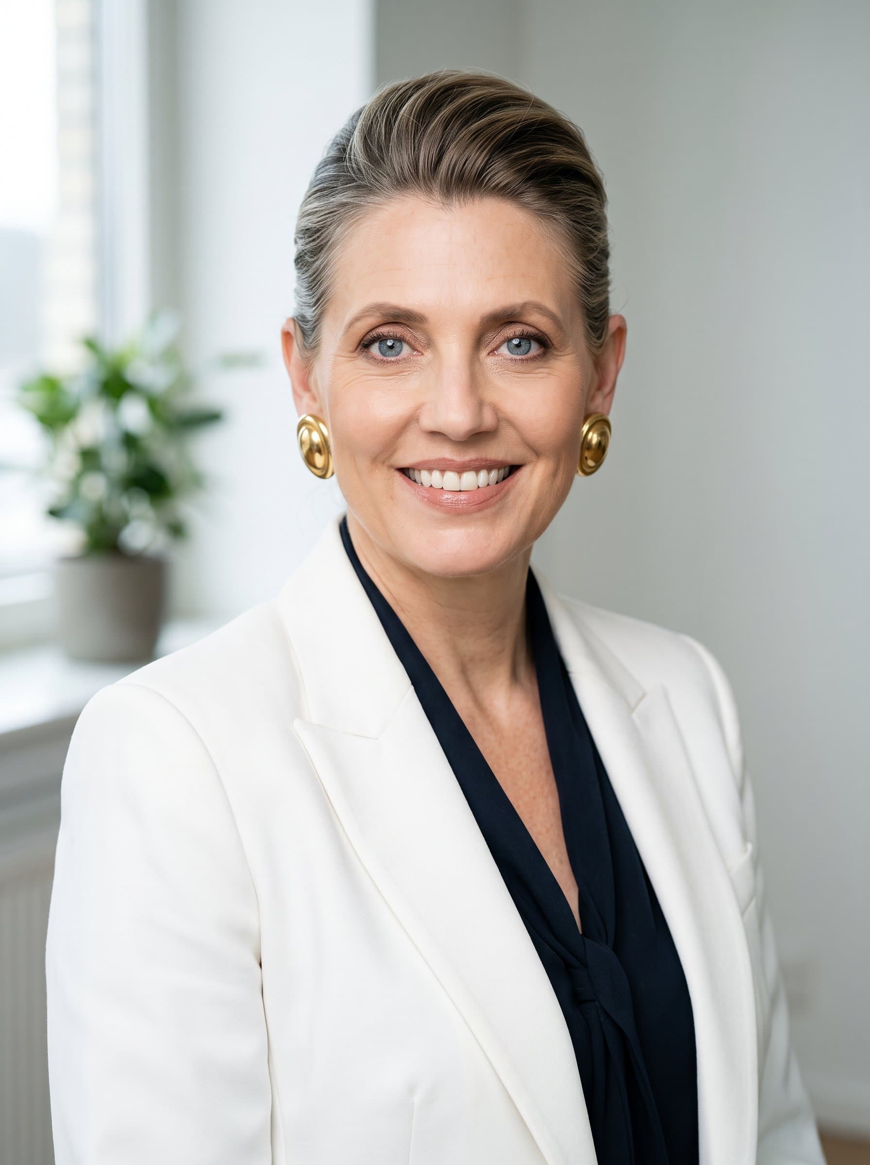 Generate a headshot, showcasing a sleek, professional vibe. The woman should radiate confidence, with natural lighting and a minimalist background, perfect for Microsoft Teams.