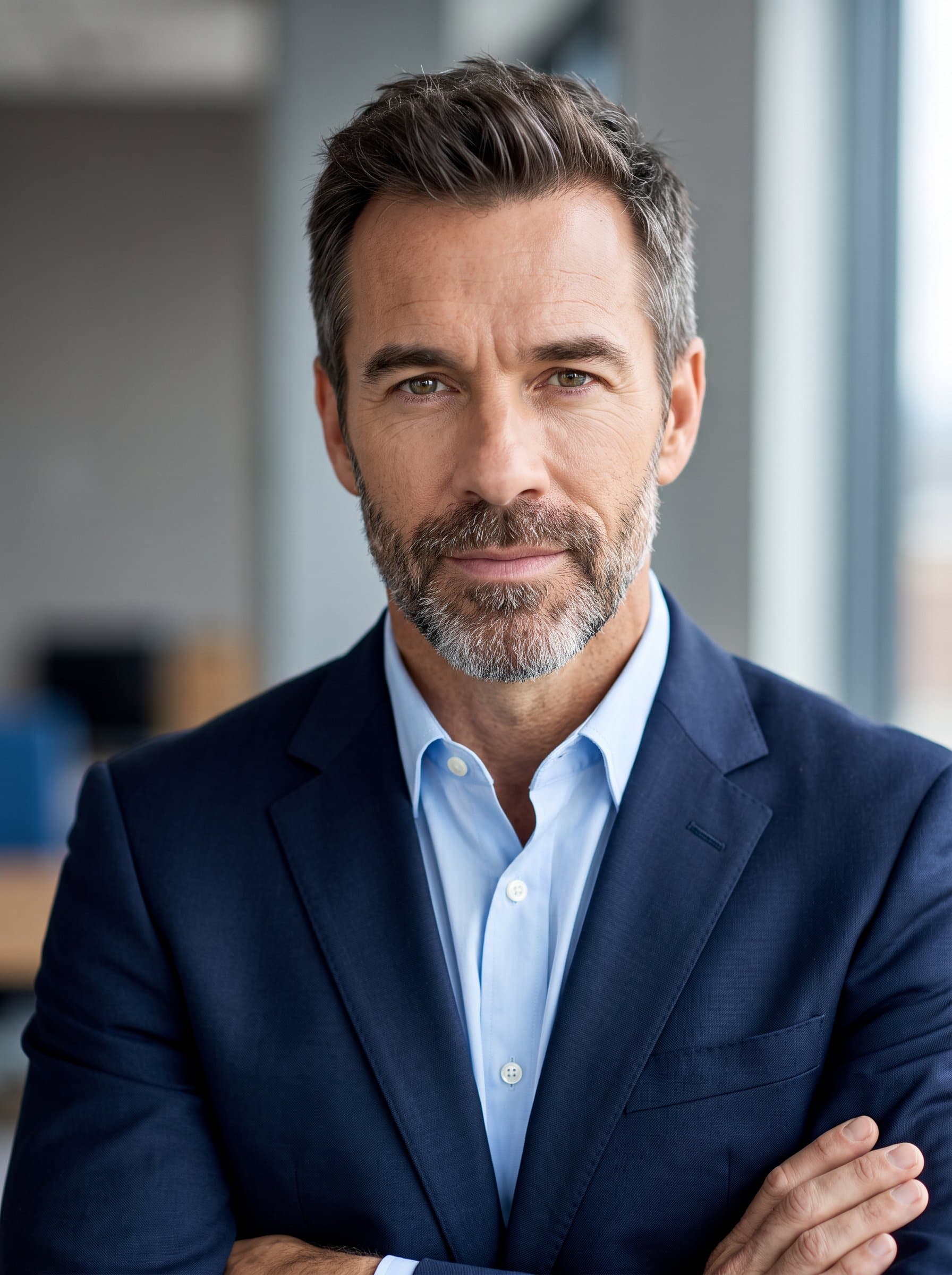 Generate a headshot that captures a poised and modern executive style. Natural lighting and a neutral background should enhance the man's professionalism for Microsoft Teams.