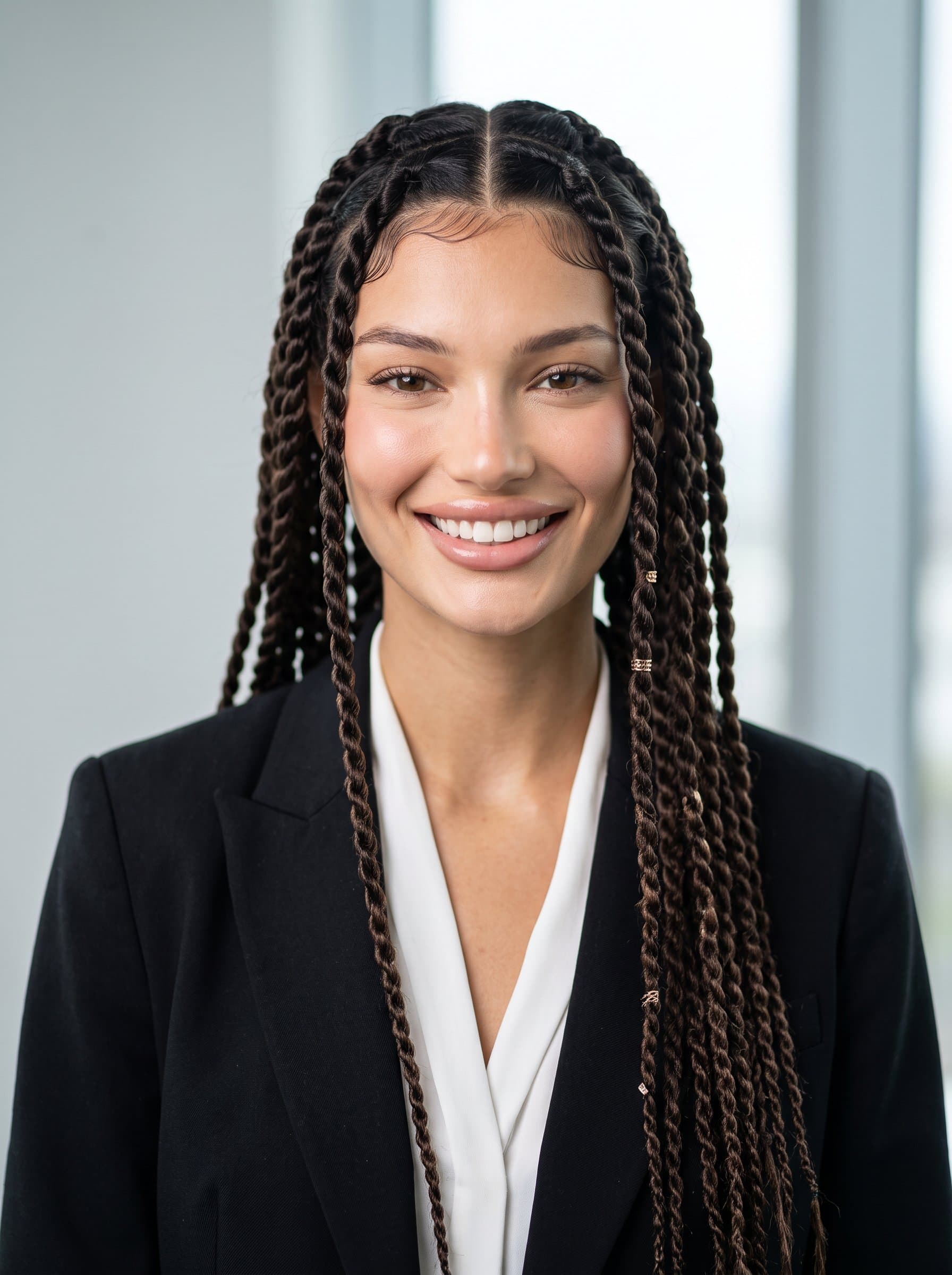 Design a headshot with a modern look, highlighting a confident and approachable demeanor. The use of natural lighting and a neutral background will create a professional image for Microsoft Teams.