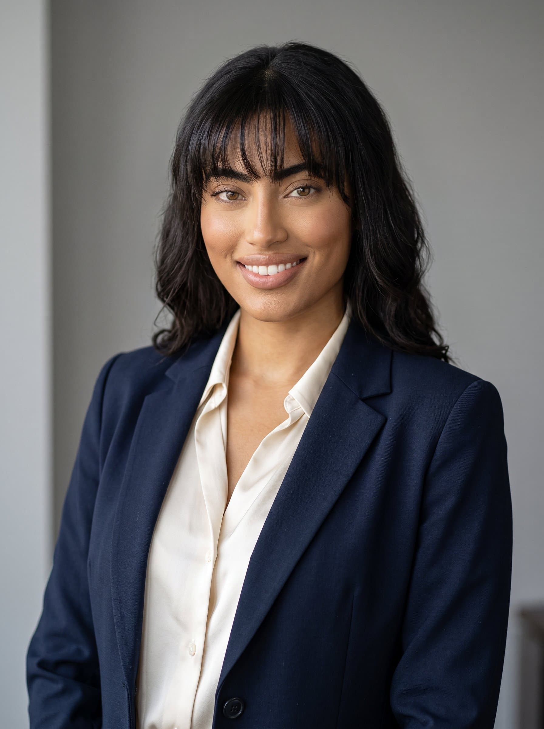 Create a headshot featuring a gentle smile and confident demeanor, using natural lighting to complement a neutral background, ideal for a professional Microsoft Teams look.