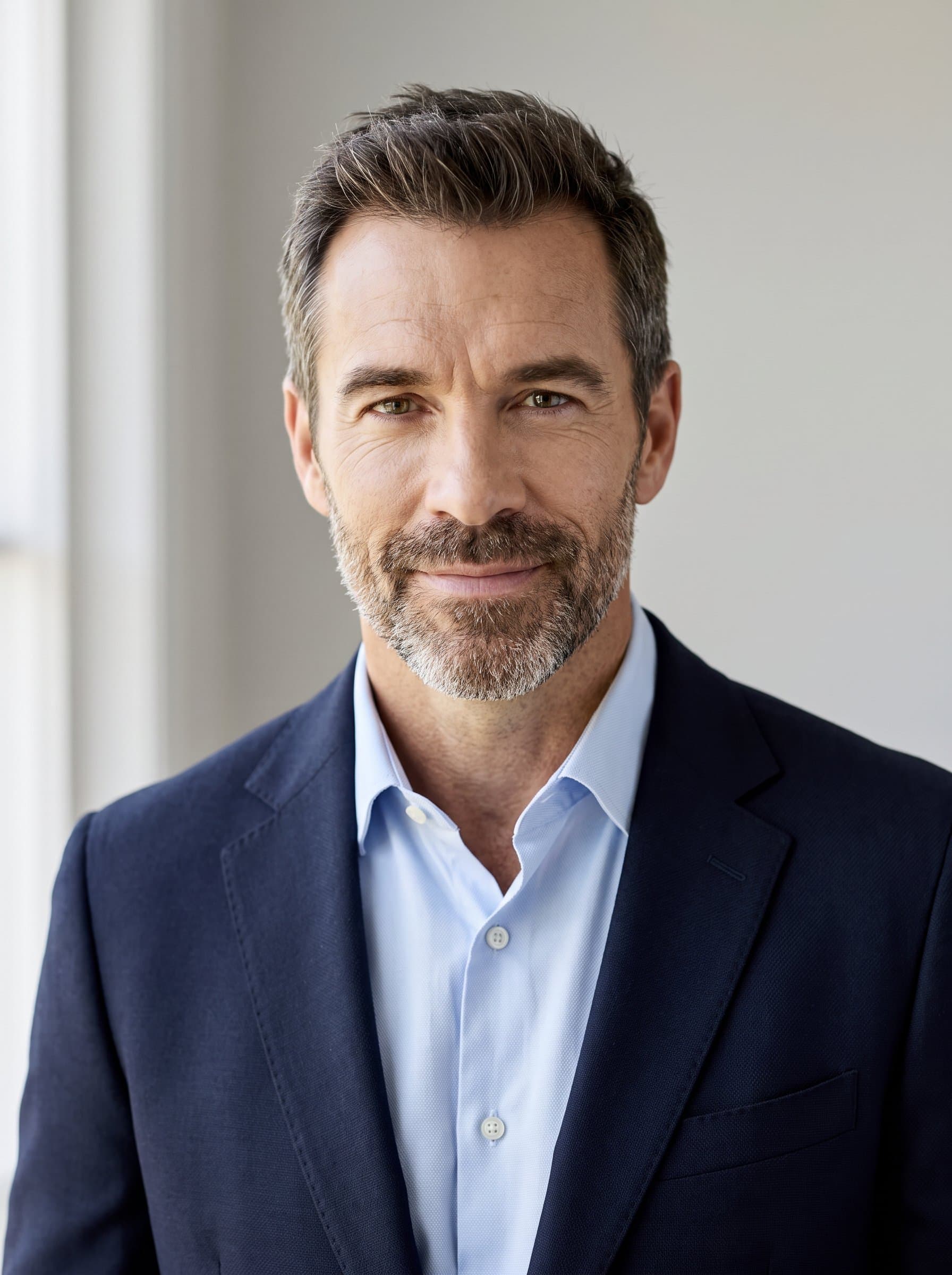 Craft a headshot with a serene and confident expression. The neutral background and natural lighting emphasize an executive appearance, suitable for Microsoft Teams.