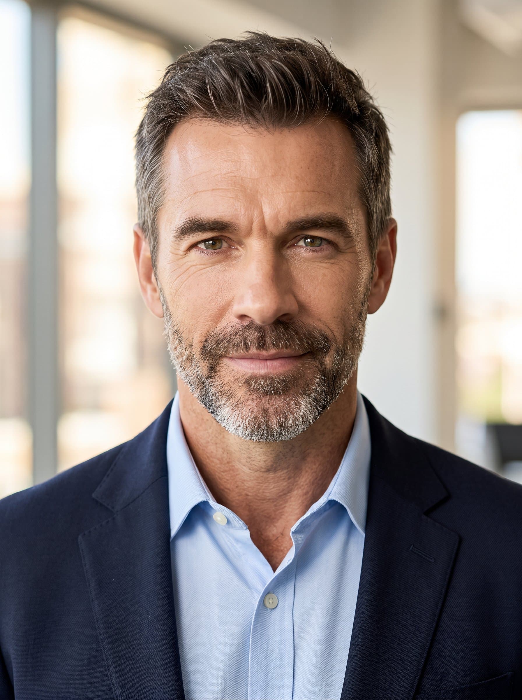 Create a headshot with a modern professional look, showcasing a confident gaze. Use natural lighting and a simple background for a polished Microsoft Teams image.