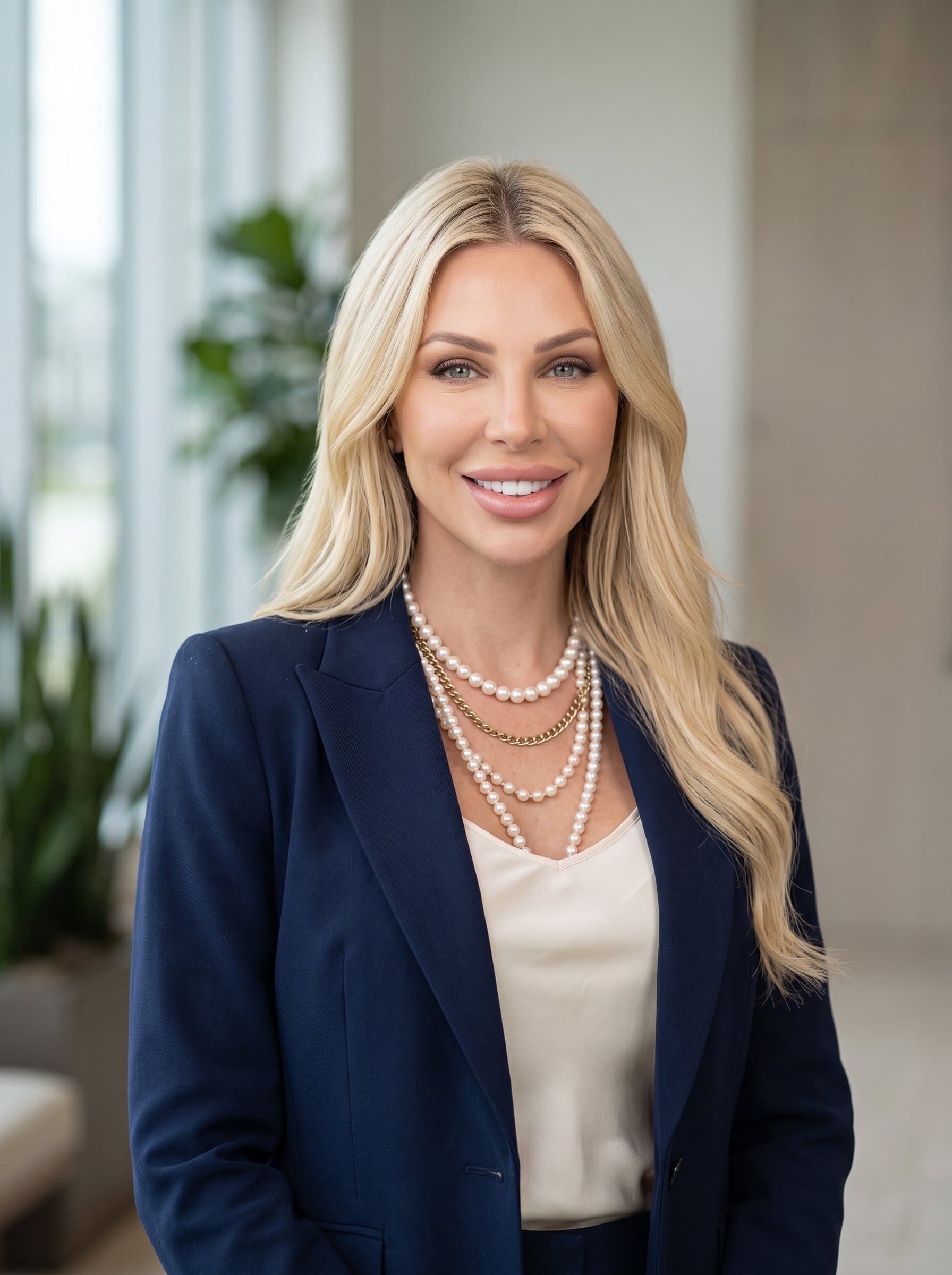 Design a headshot that balances modernity with professionalism. A natural light setting and neutral background will enhance the woman’s executive style for Microsoft Teams.
