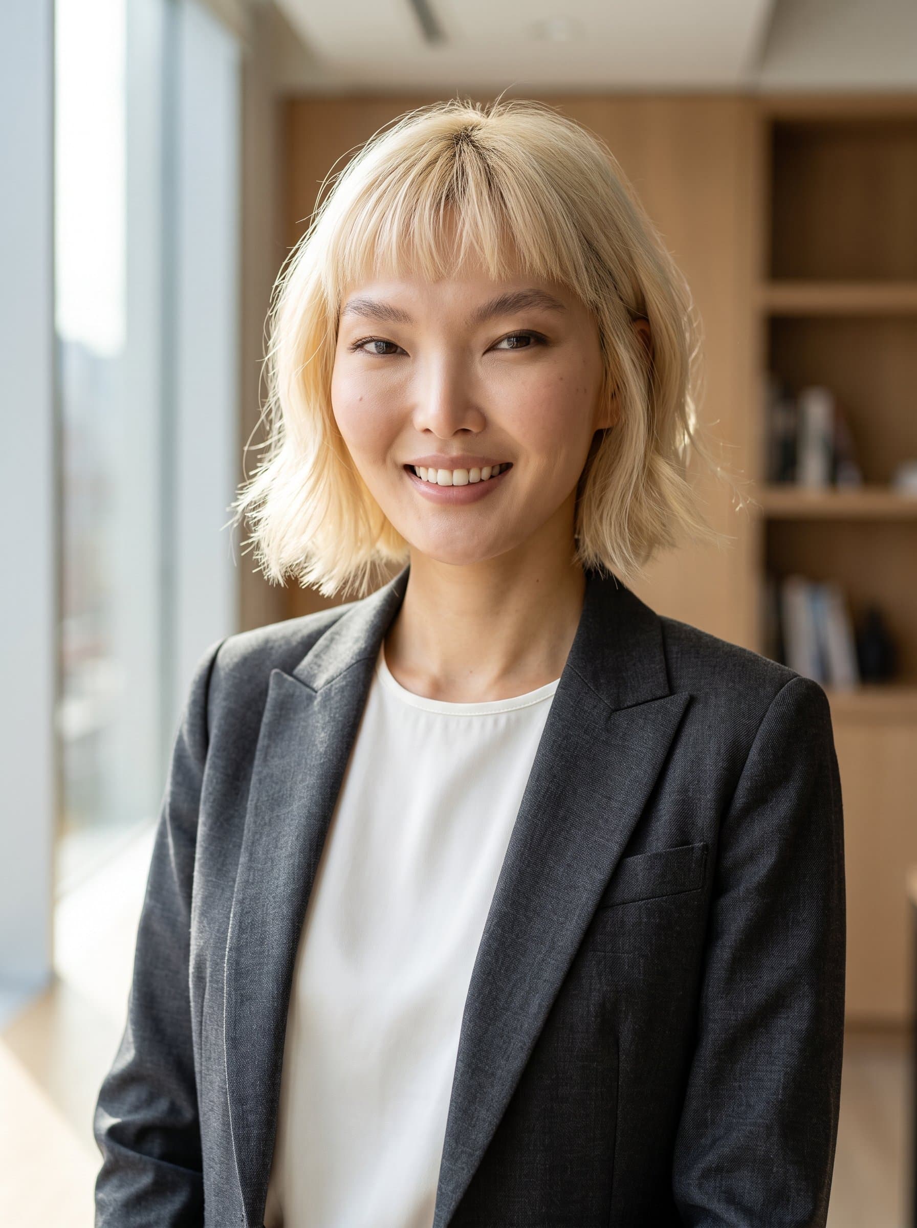 Craft a headshot that conveys a sense of leadership. Natural light should highlight a serene, neutral backdrop, suitable for a Microsoft Teams profile.