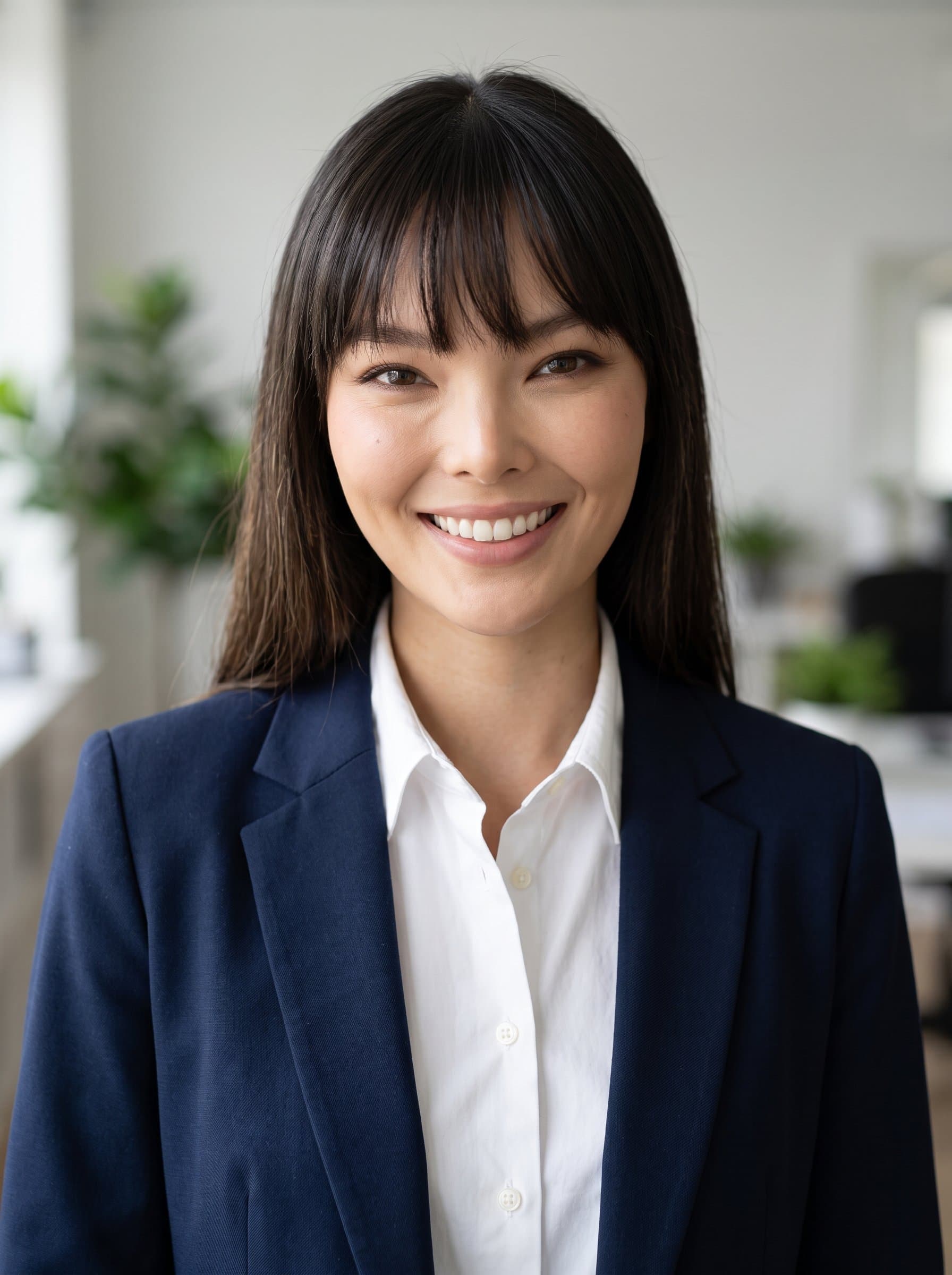 A photorealistic headshot featuring a confident woman with a friendly smile, wearing a crisp white shirt and navy blazer, set against a blurred office background. Perfect for a corporate Google Meet profile.