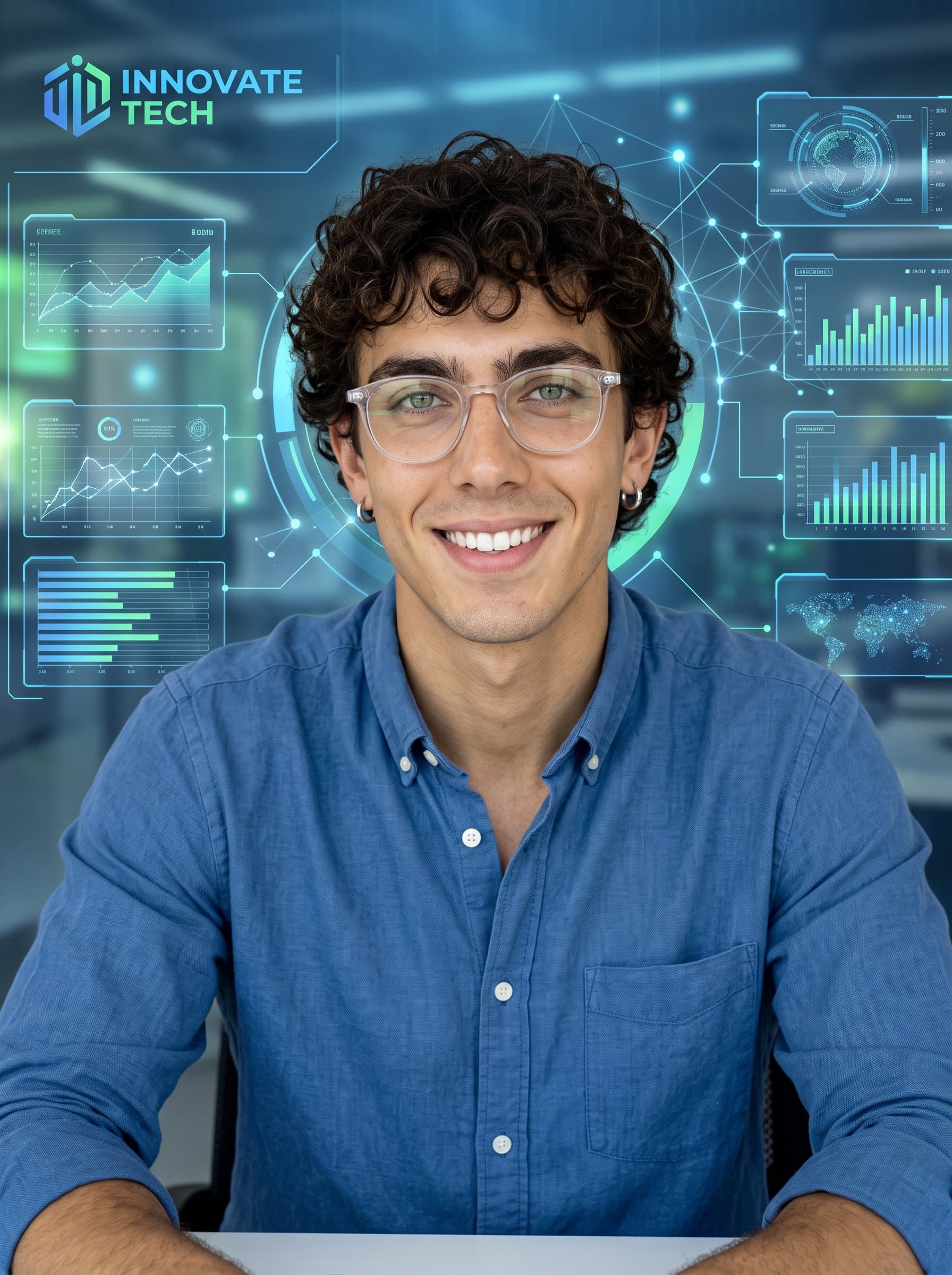 Create a headshot of a tech-savvy man with glasses and a casual collared shirt, sitting in front of a futuristic digital interface, exuding innovation and intelligence. Ideal for a tech industry virtual meeting.