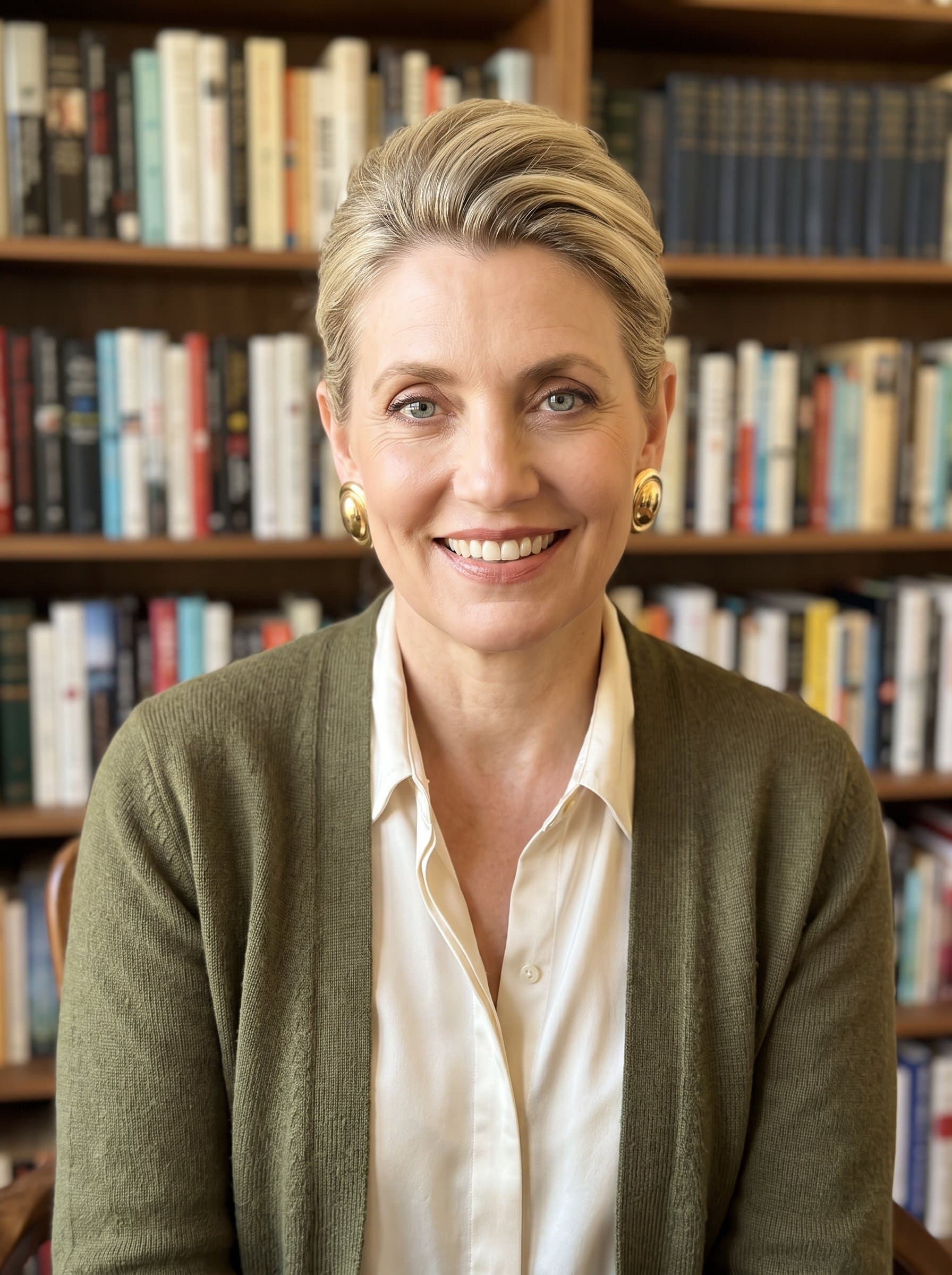 Capture a headshot of an education professional with warm lighting, a smart-casual attire, and a bookshelf in the background, conveying knowledge and openness for educational virtual meetings.