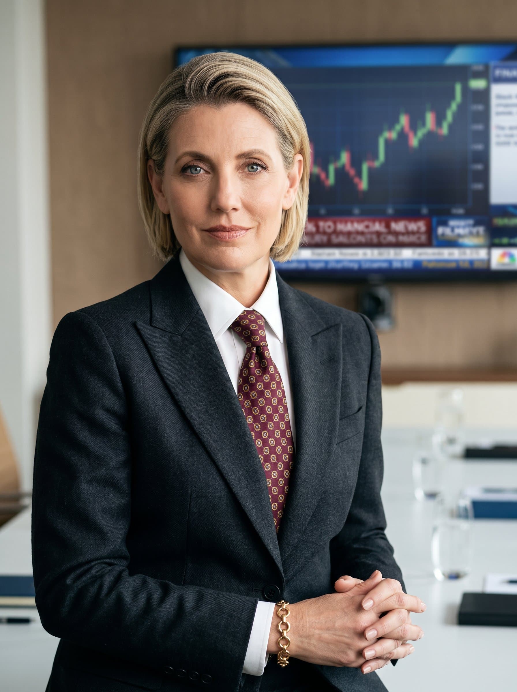 Photorealistic headshot of a finance expert in a dark suit and tie, exuding confidence and precision, with a subtle stock market chart in the blurred background for a financial industry meeting.