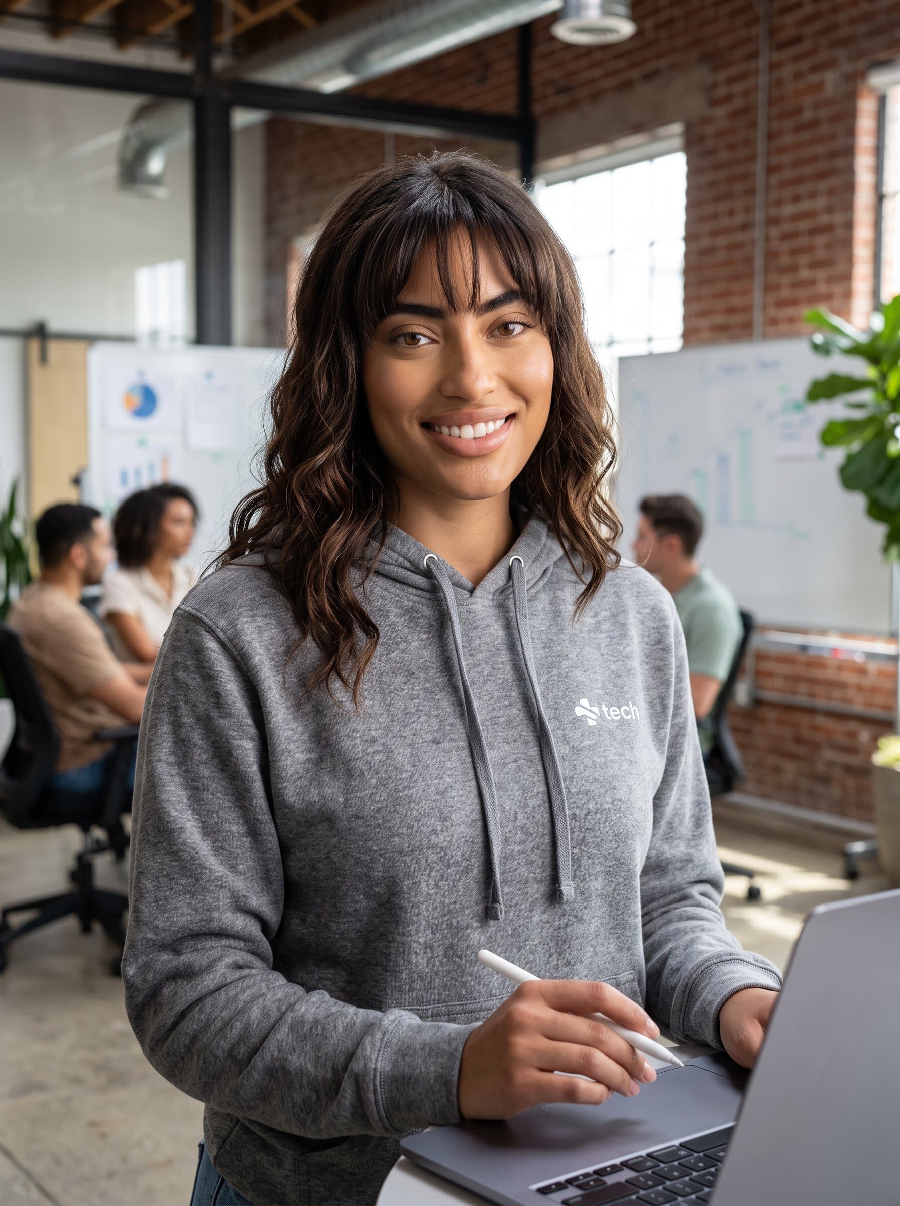 headshot showing an approachable tech startup woman with a hoodie and a modern co-working space in the background, depicting innovation and readiness for technology-oriented meetings.