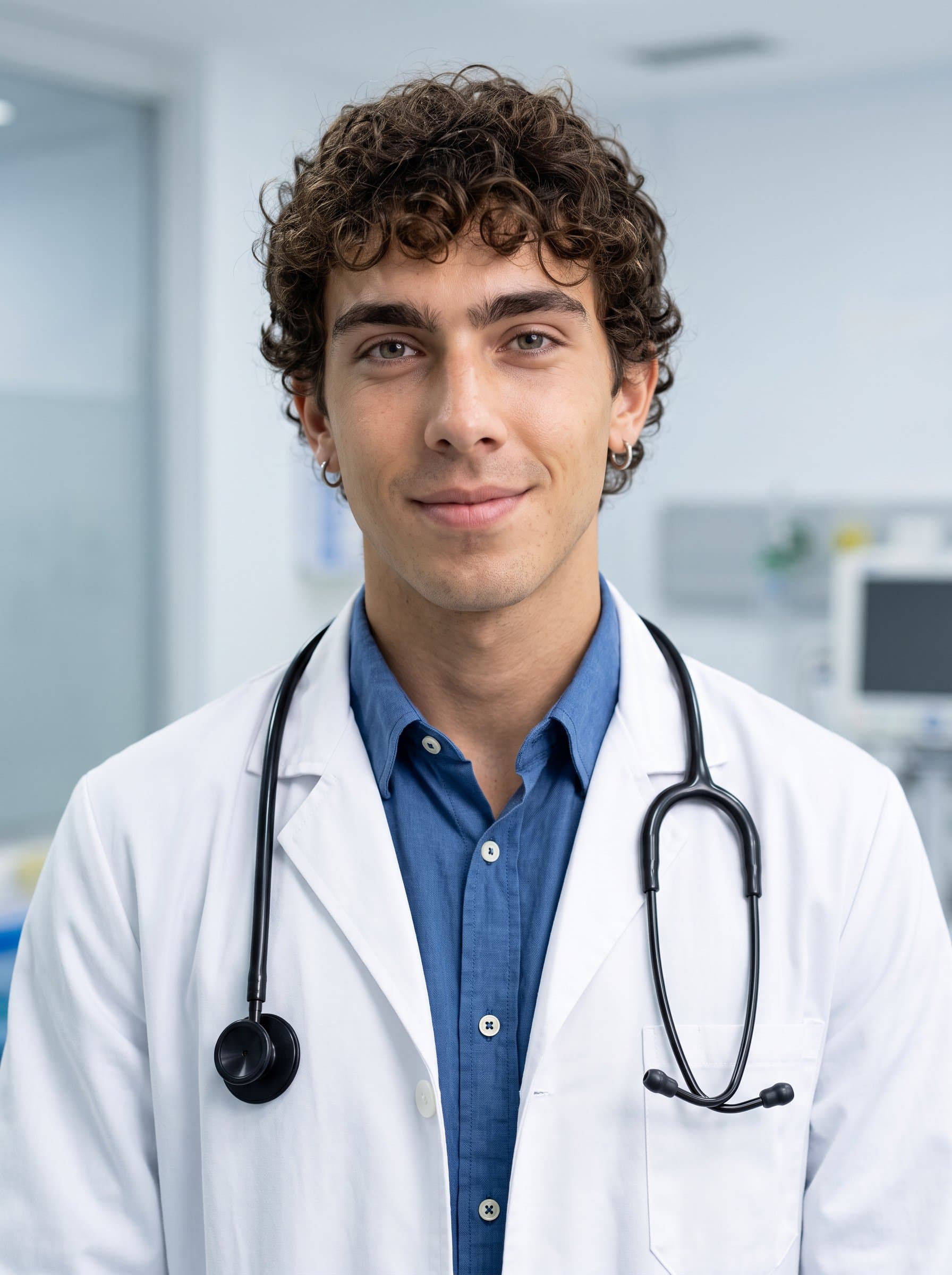 headshot of a medical professional wearing a white lab coat and stethoscope, with a sterile background that suggests trust and expertise, ideal for healthcare virtual engagements.