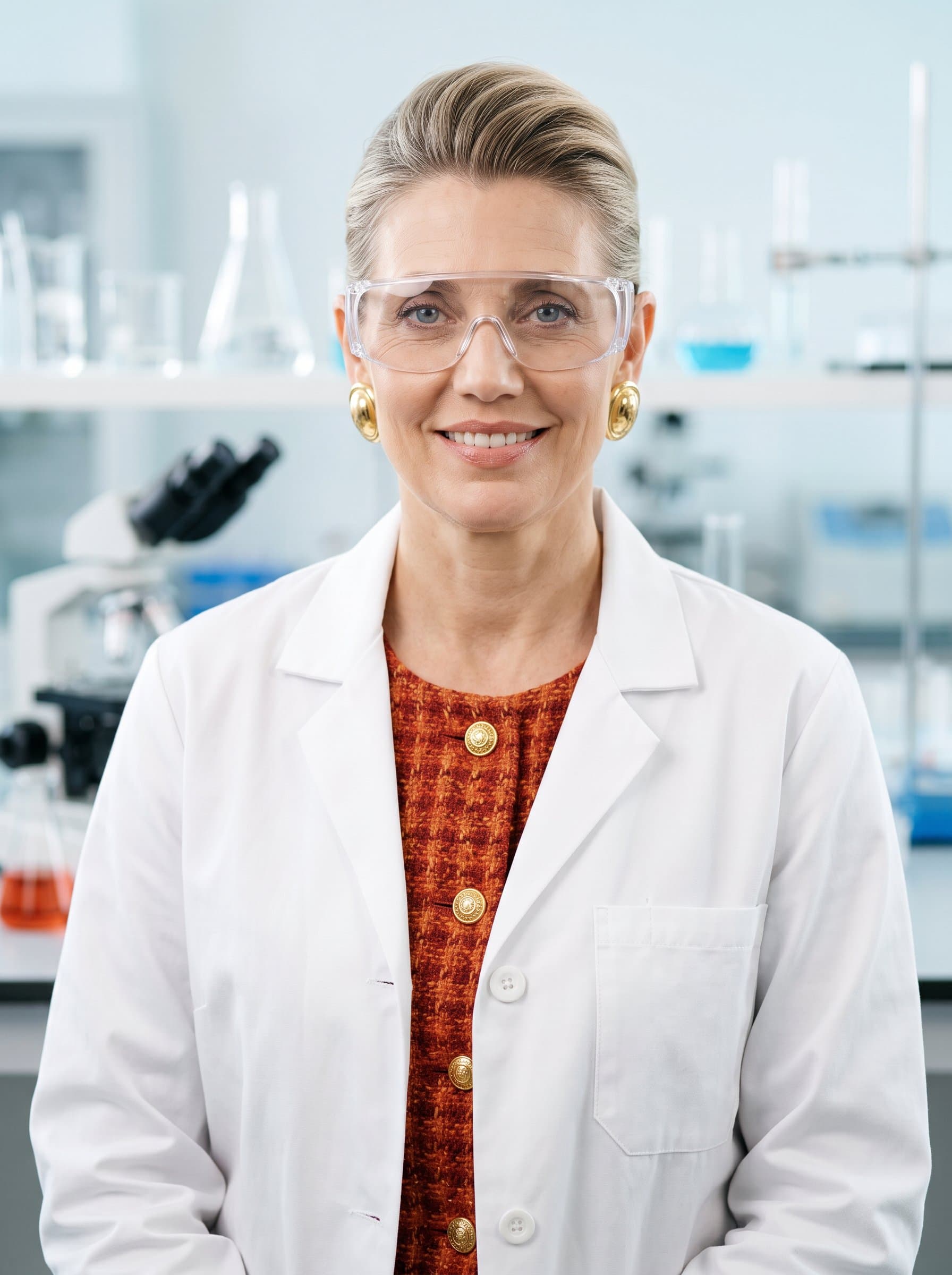 headshot featuring a research scientist with safety glasses and a lab coat, with a scientific lab setting in the background, ideal for research-focused virtual interactions on Google Meet.