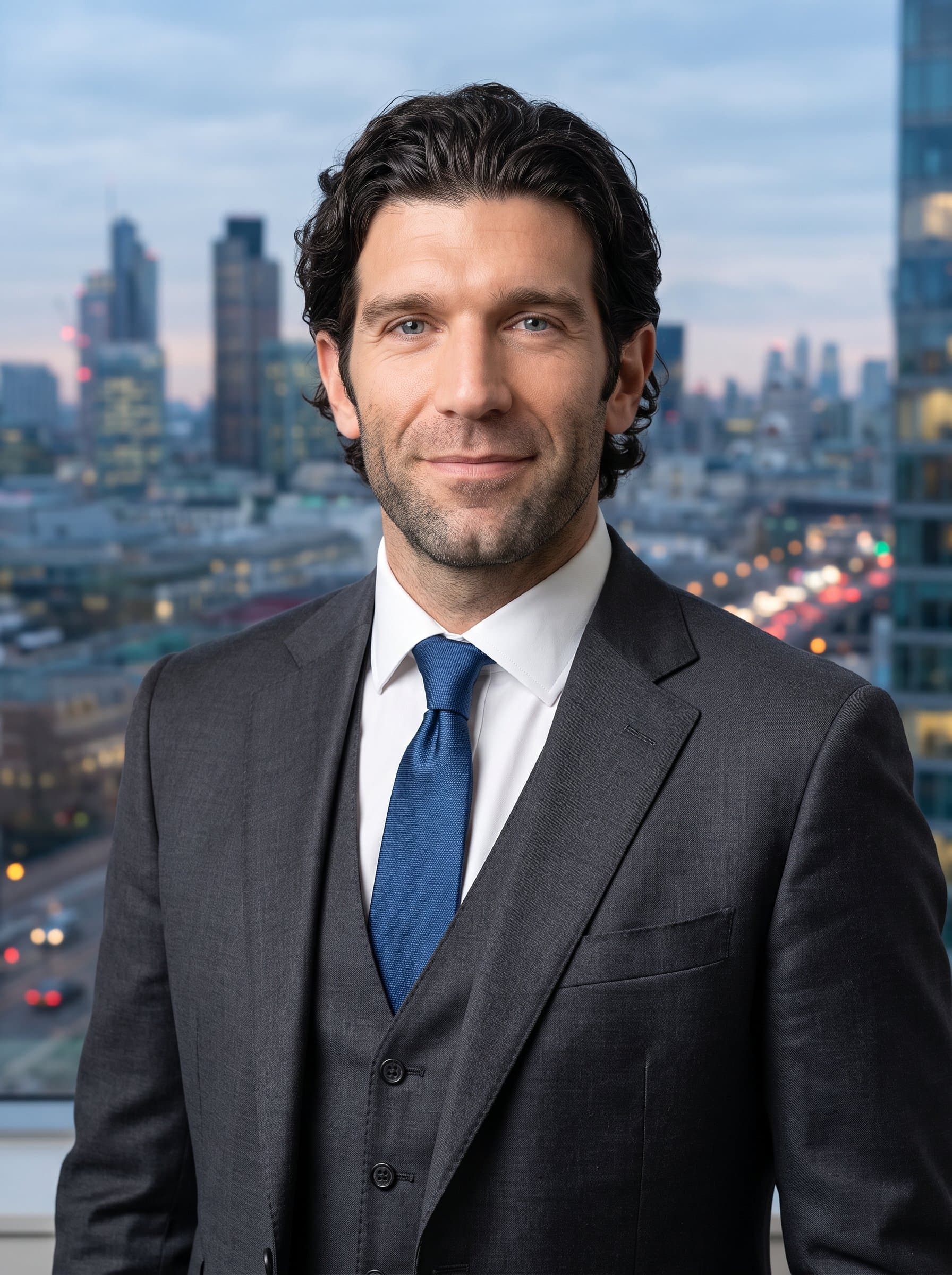 headshot of an man embodying leadership with a soft yet confident smile, dressed in business attire, and a blurred city skyline in the background, suitable for high-level corporate engagements.