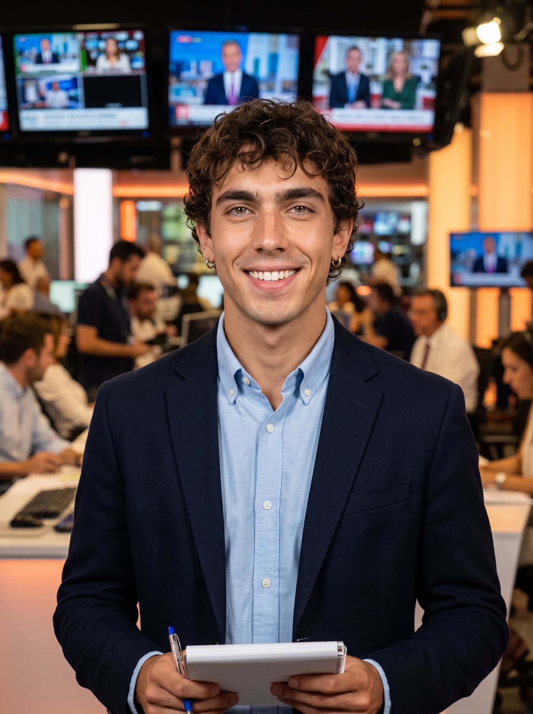 A headshot of a communications expert with a charismatic smile, holding a notepad, set against a vibrant newsroom background, conveying energy and clarity for media-related meetings.