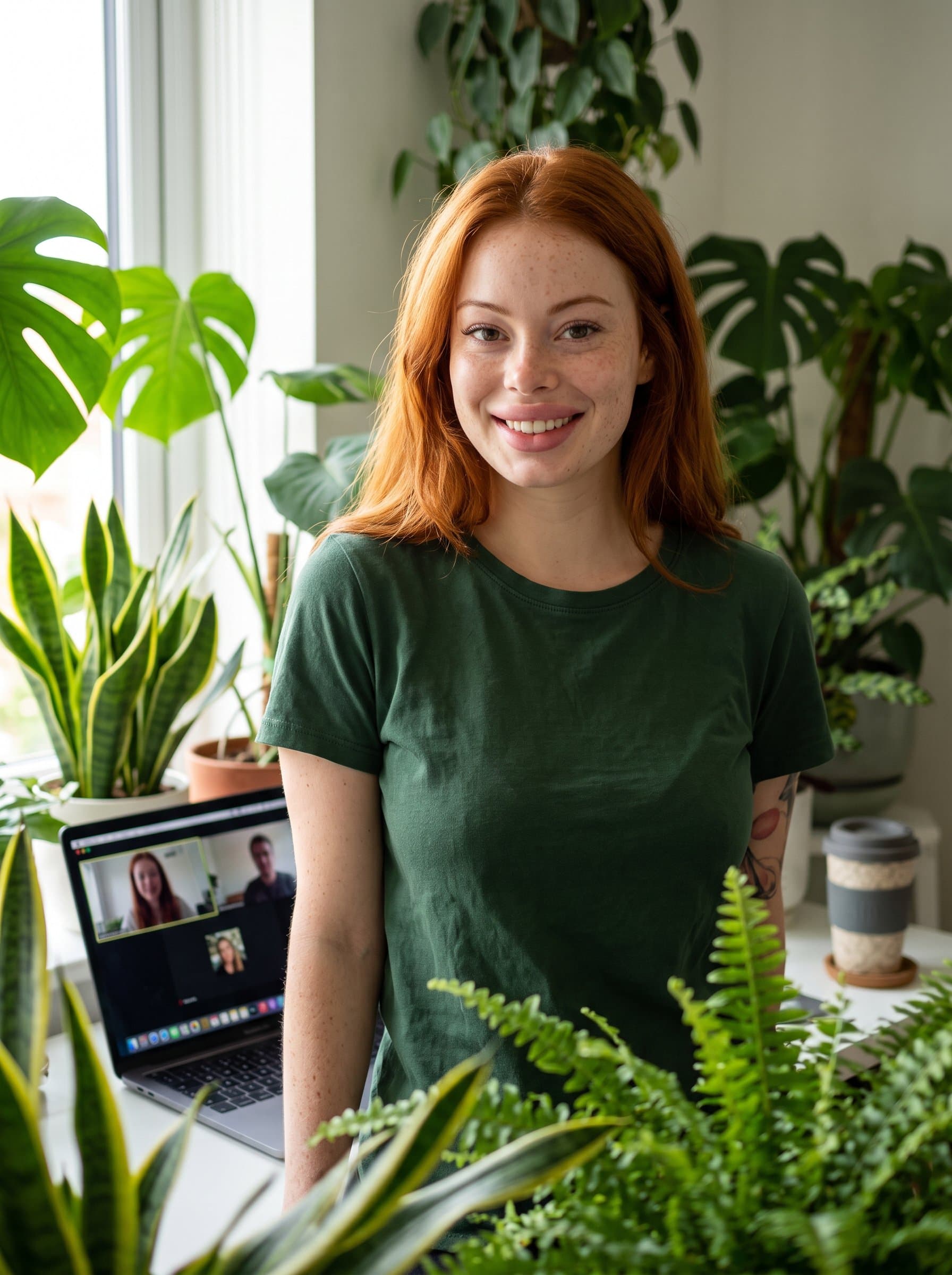 Design a photorealistic headshot with an eco-conscious woman wearing a casual green shirt, surrounded by indoor plants, illustrating environmental awareness for sustainability-focused virtual meetings.