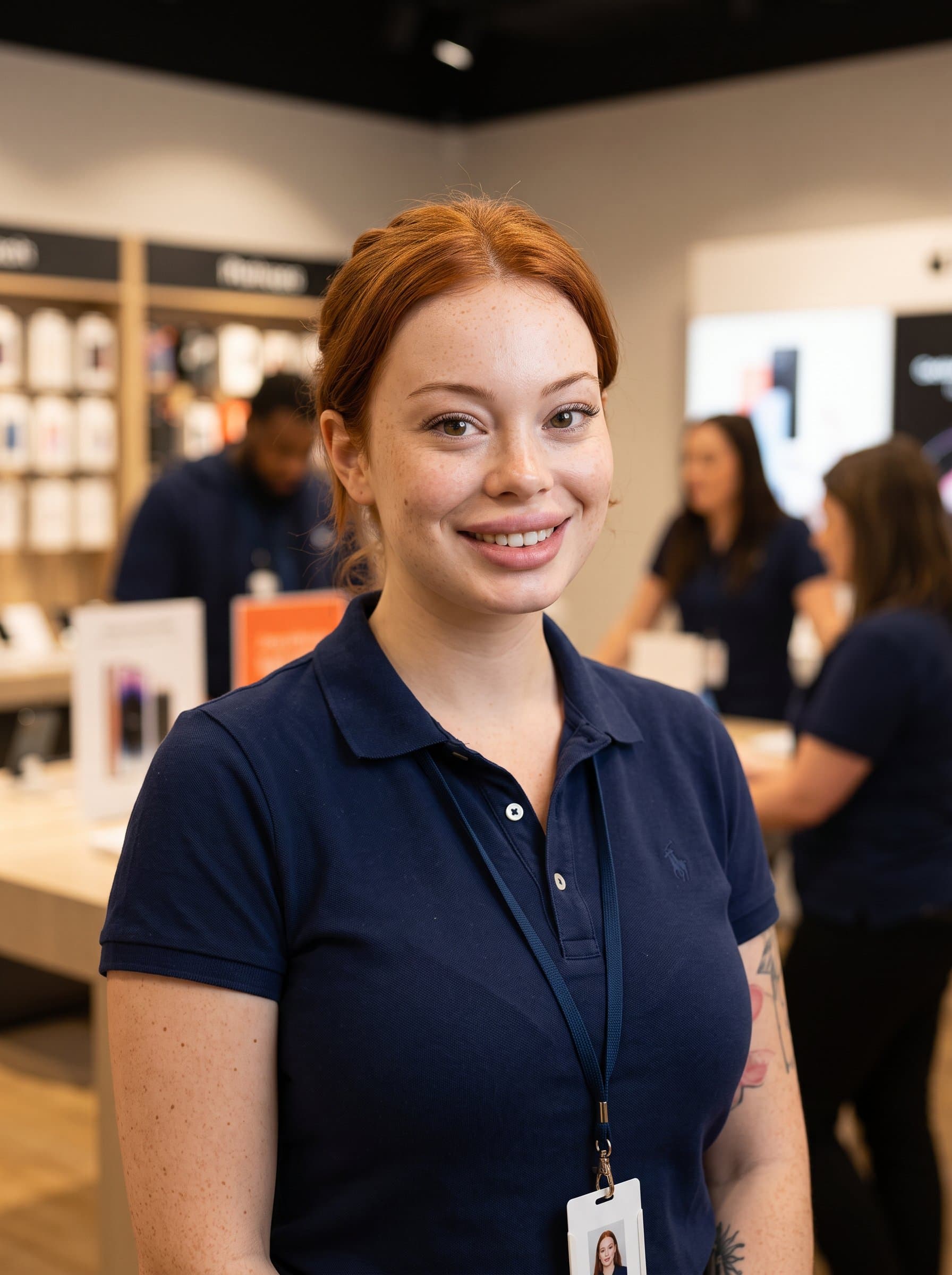 A photorealistic headshot of a retail manager with an open-mind expression, wearing a crisp polo shirt, with a modern retail setting in the background for sales and customer service meetings.