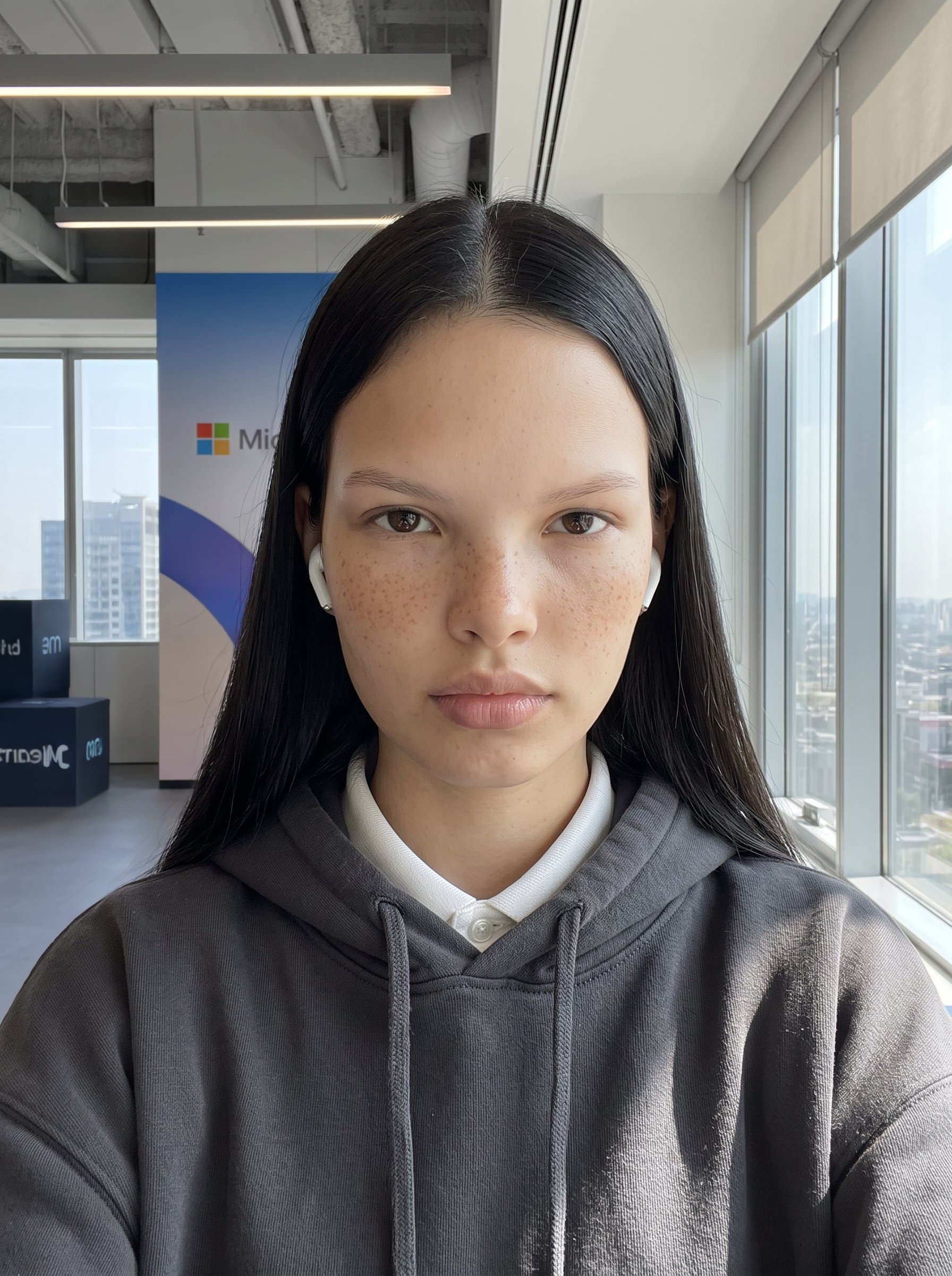 Photorealistic headshot of an woman in a hoodie, with earbuds and a digital office setting, reflecting a remote work culture for virtual tech industry meetings.